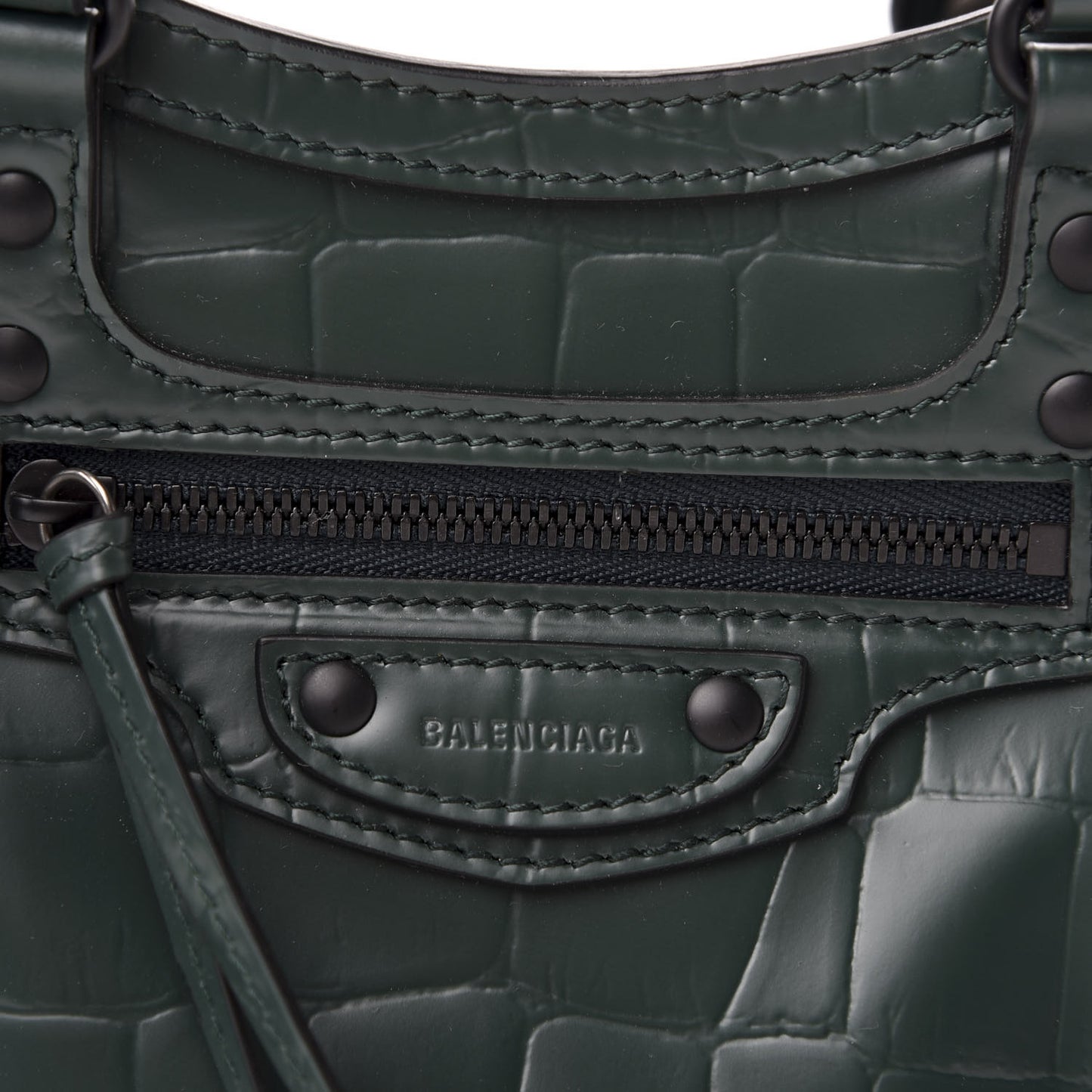 Semi Shiny Calfskin Crocodile Embossed Neo Classic Black Hardware Mini City Forest Green