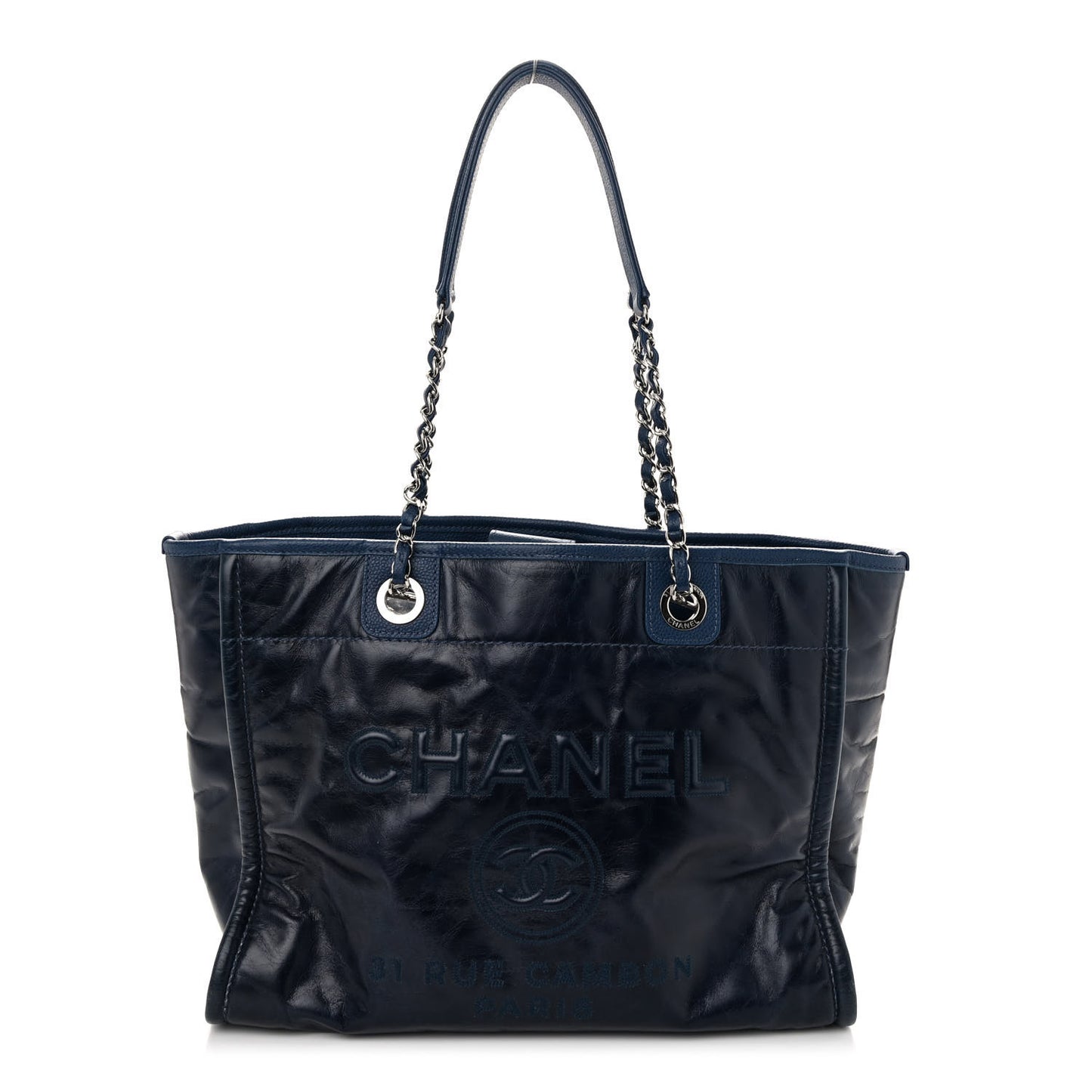 Glazed Calfskin Small Deauville Tote Blue