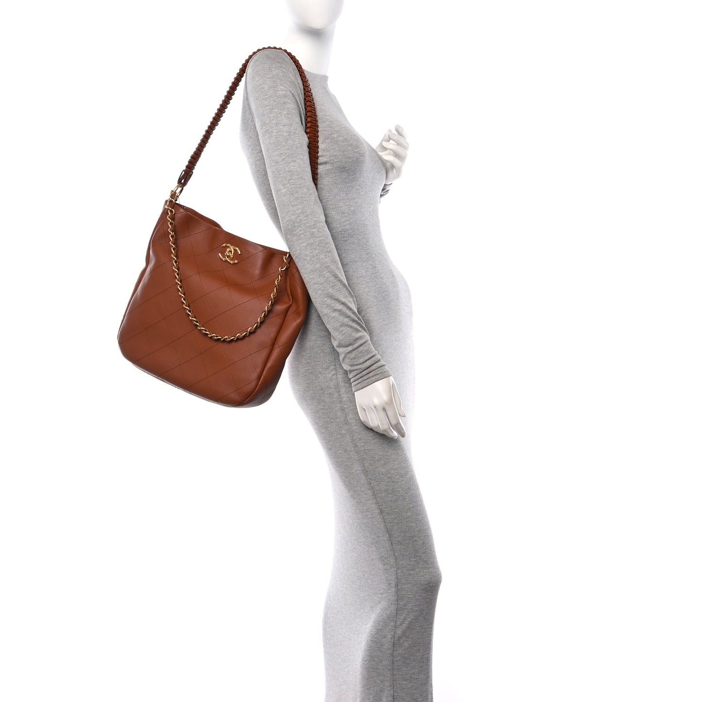 Calfskin Quilted Braided Handle Chain Hobo Brown