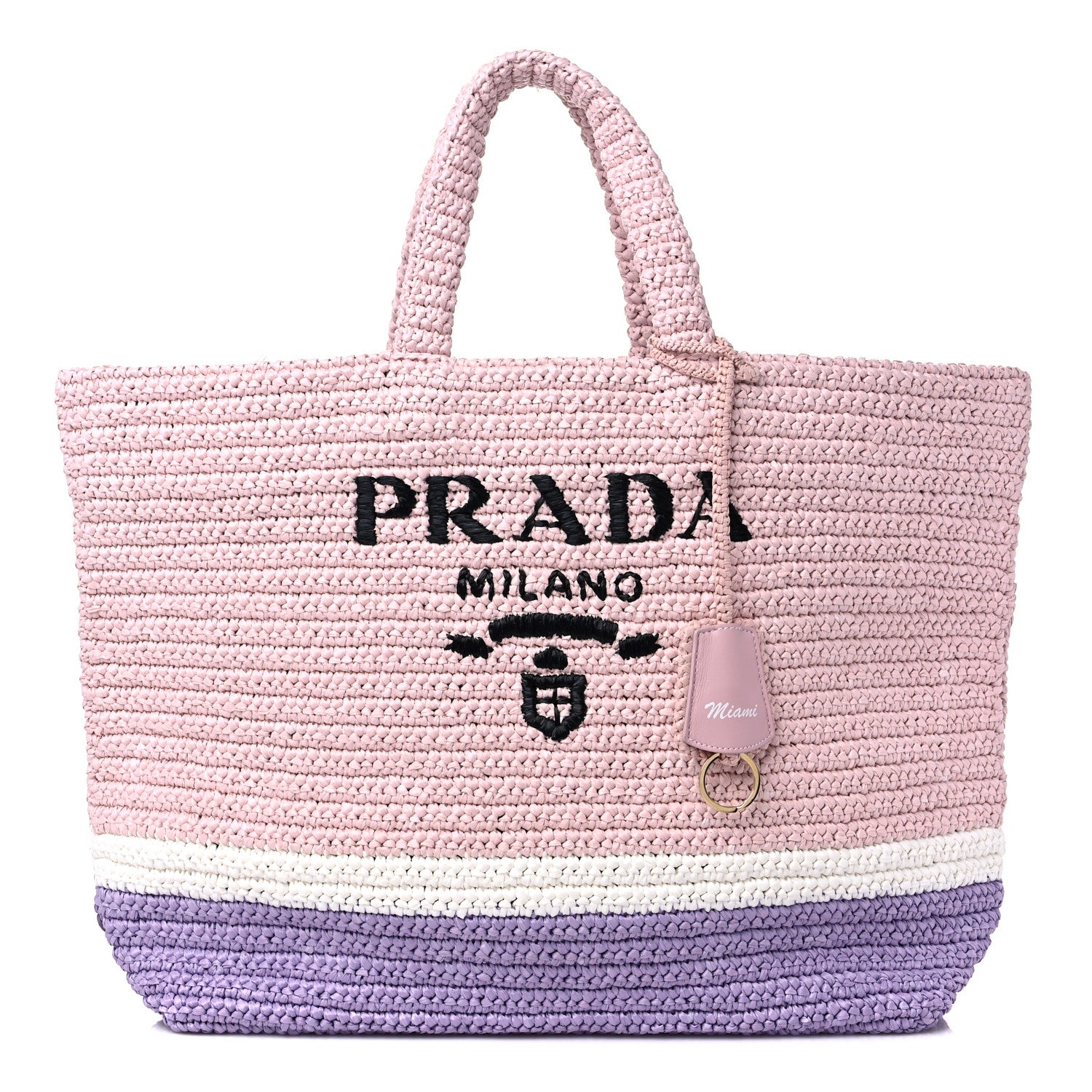 Prada Raffia Embroidered Striped Logo Miami Tote Pink Purple