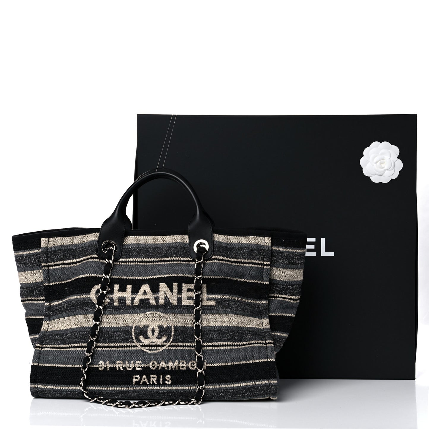Striped Canvas Medium Deauville Tote Grey Black