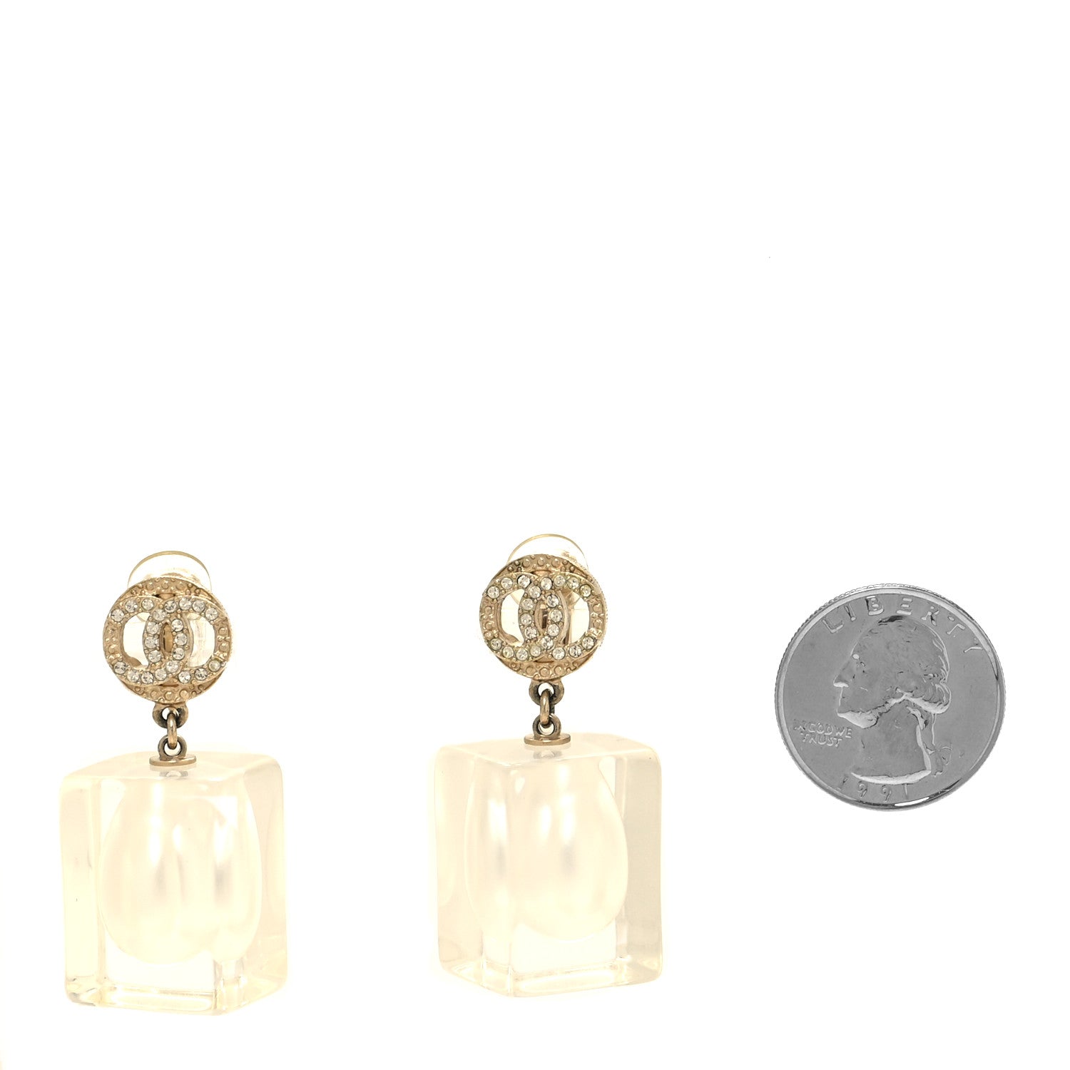 Chanel Crystal Lucite Pearl CC Drop Earrings Gold 2 of 4