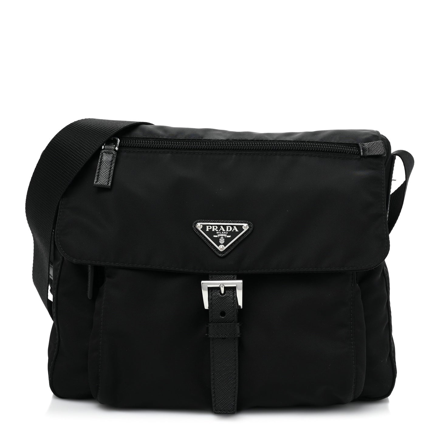 Nylon Vela Saffiano Single Buckle Messenger Shoulder Bag Black