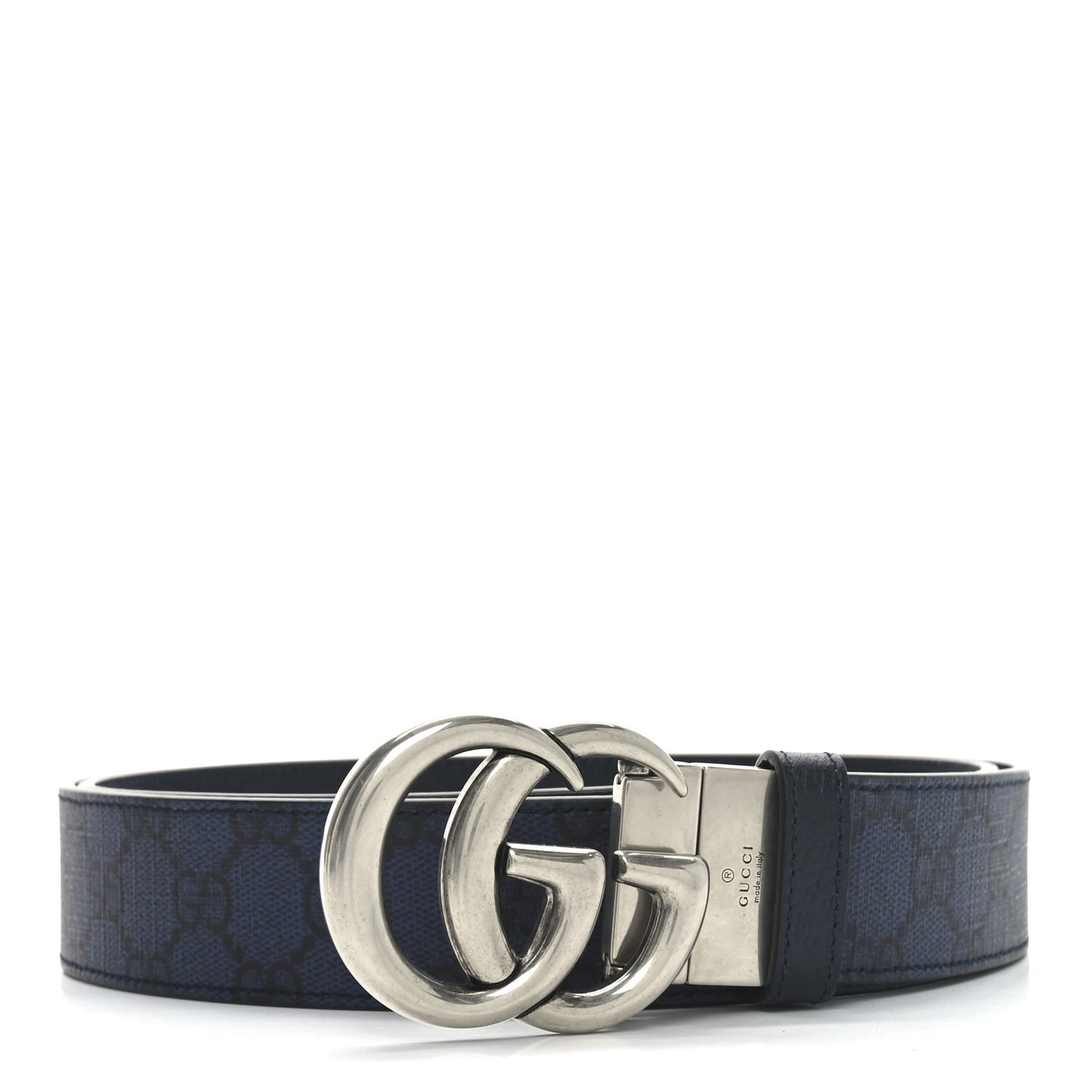 GG Supreme Monogram Plutone Calfskin Palladium Double G Reversible 37mm Belt 110 44 Black Blue