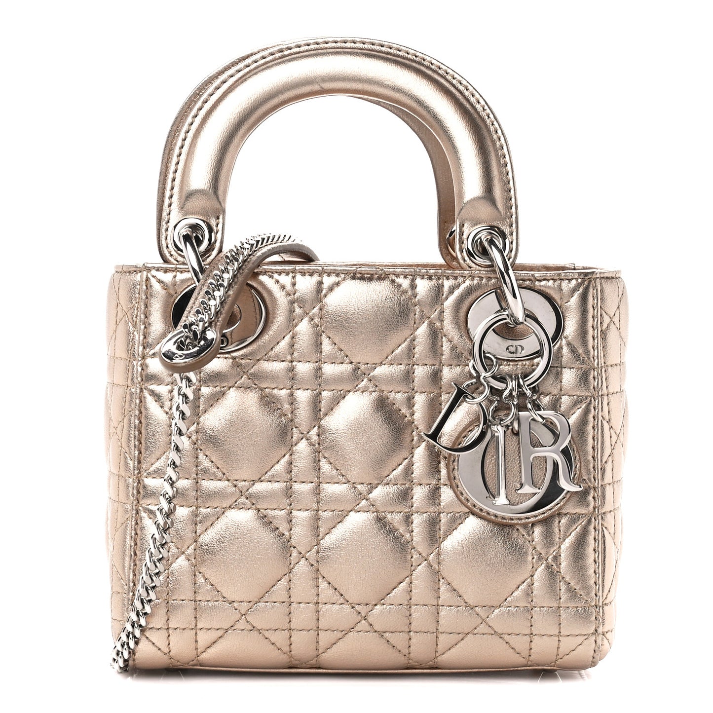 Metallic Lambskin Cannage Mini Lady Dior Gold