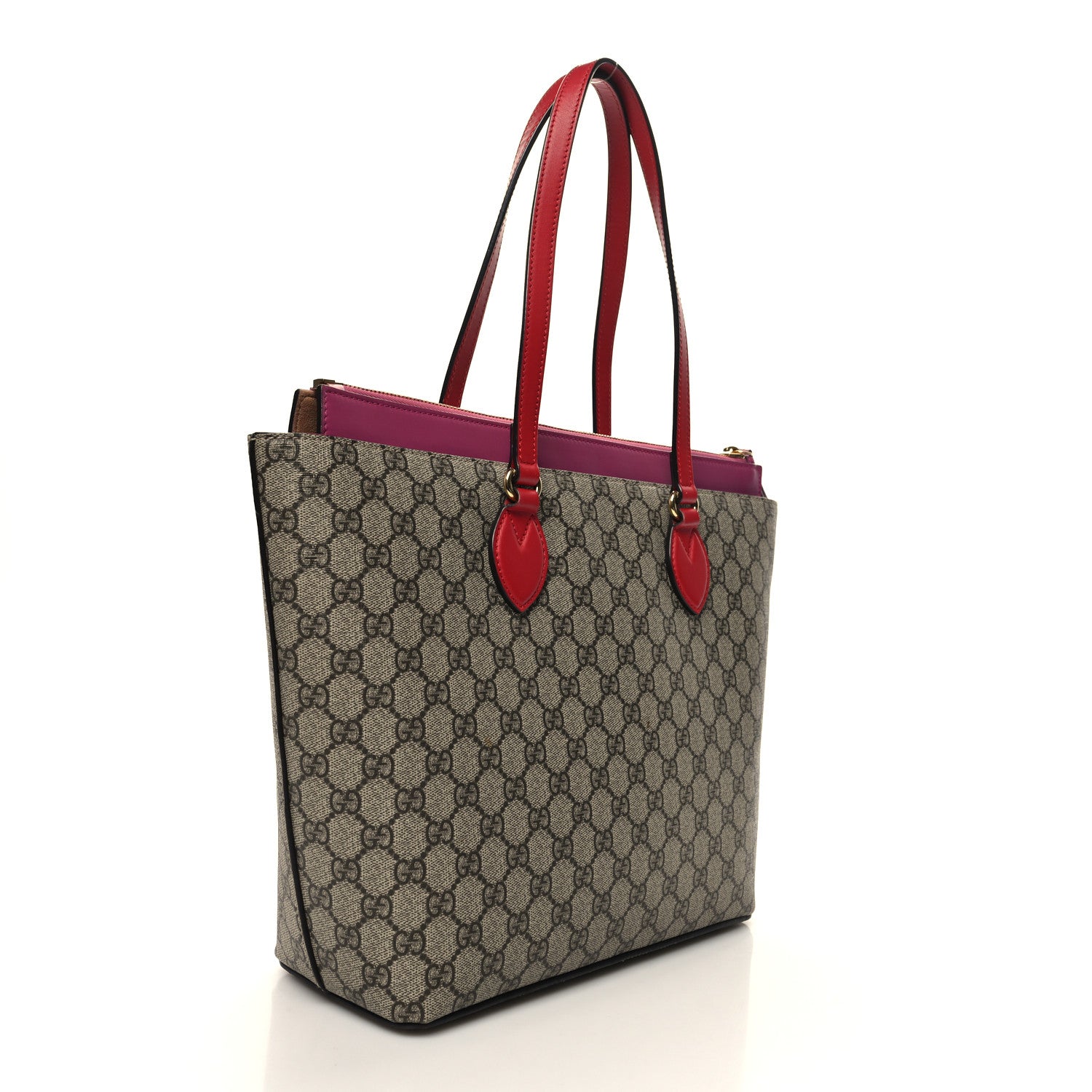 Gucci GG Supreme Monogram Medium Zippered Bucket Tote Beige Hibiscus Red New Rosette 3 of 11