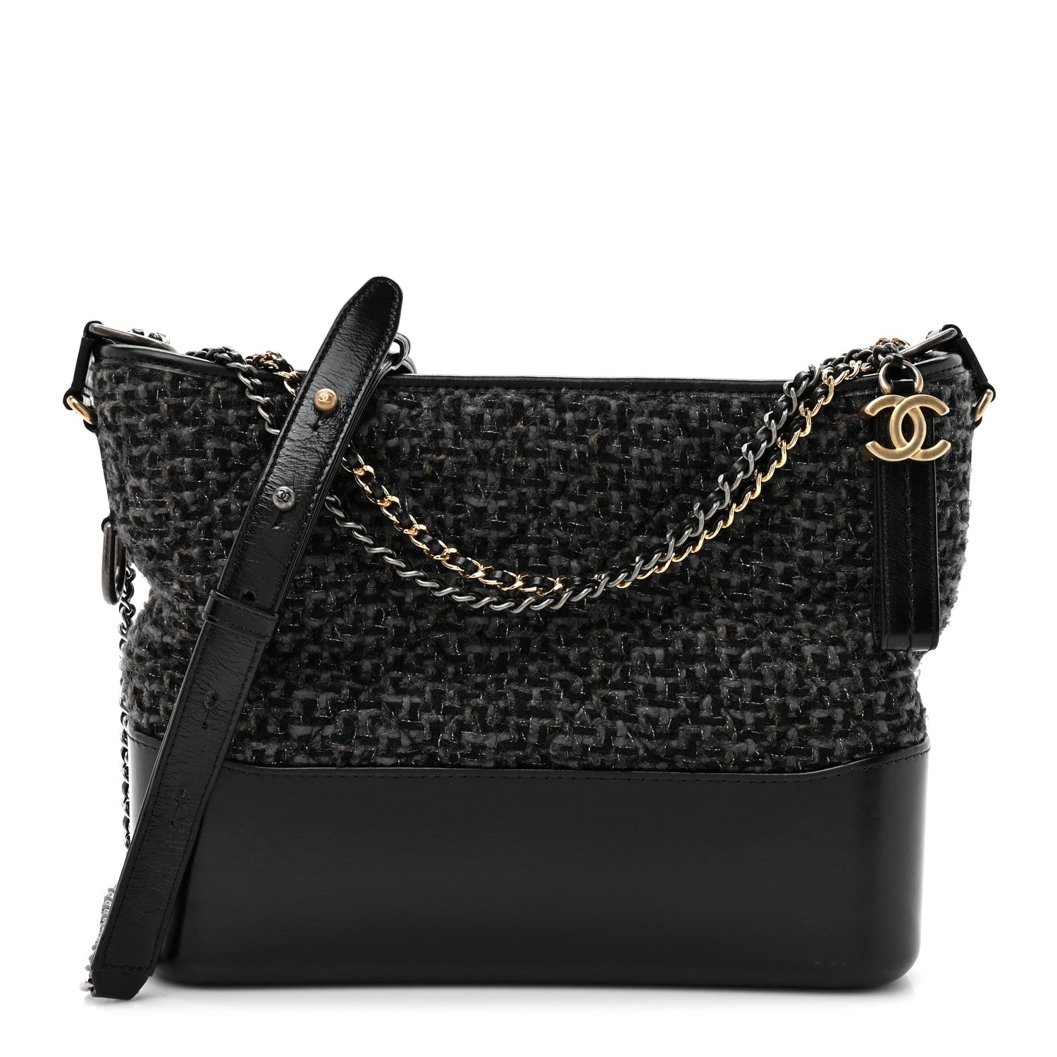 Chanel Tweed Calfskin Quilted Medium Gabrielle Hobo Black 1769321