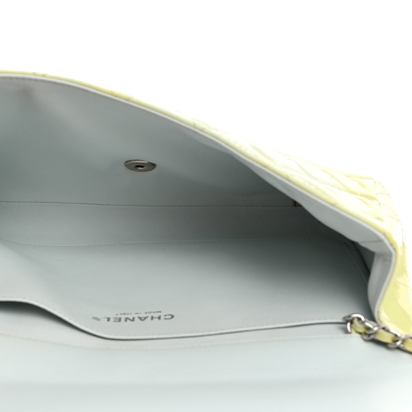 Patent Quilted Clutch With Chain Flap Light Green