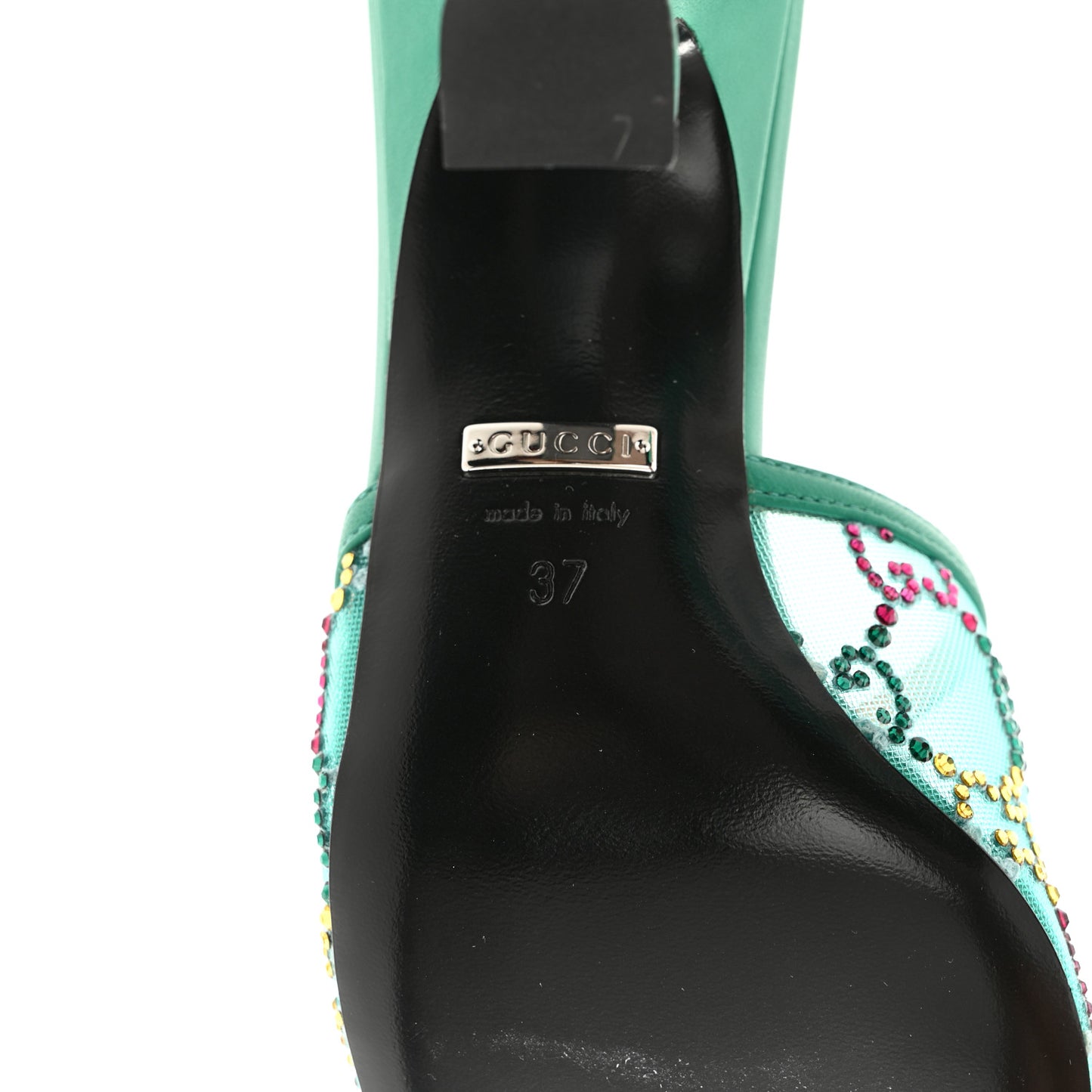 Tela Retino Nappa Crystal GG Monogram Square G 95mm Slide Sandals 37 Turquoise