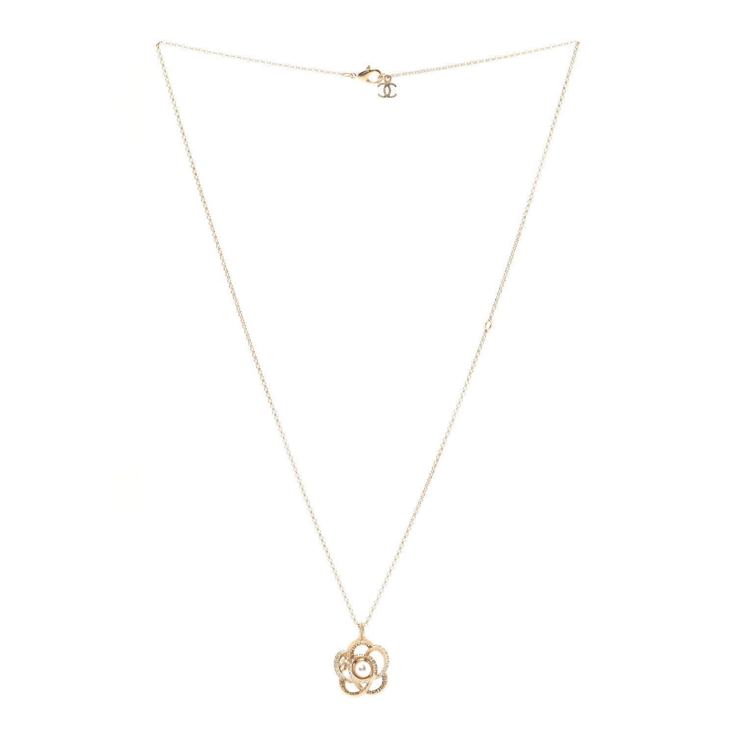 Chanel Crystal Pearl Camellia Necklace Gold 3 of 7