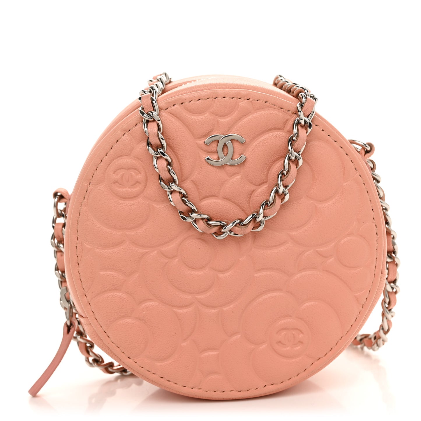 Lambskin Camellia Quilted Round Clutch With Chain Light Pink
