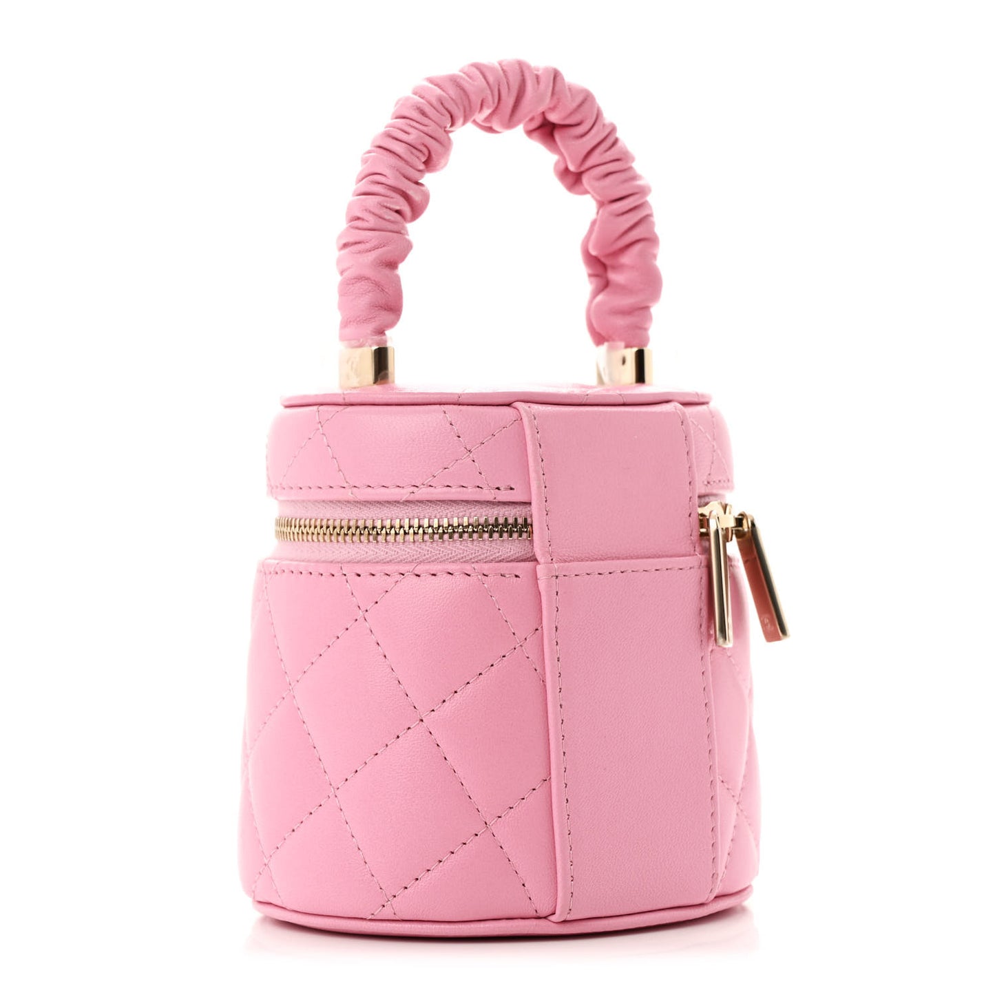 Lambskin Quilted Ruched Handle Vanity Case Pink