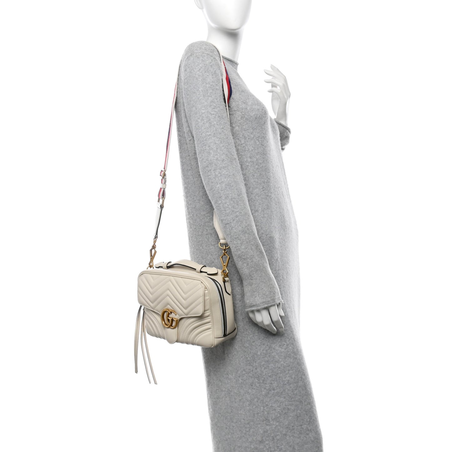 Calfskin Matelasse Sylvie Web Small GG Marmont Top Handle Shoulder Bag White