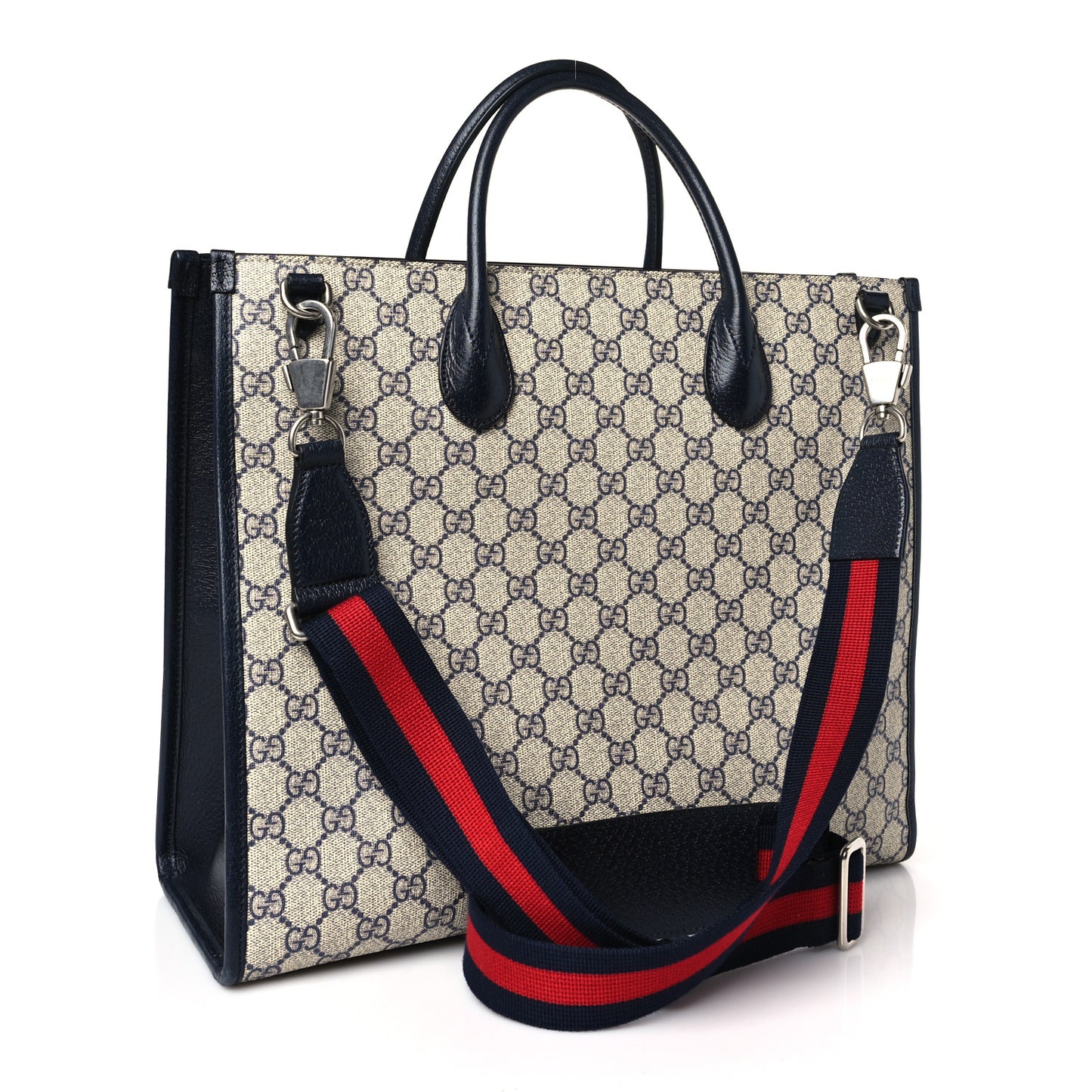 GG Supreme Monogram Textured Dollar Calfskin Web Medium Retro Interlocking G Tote Bag Beige Blue