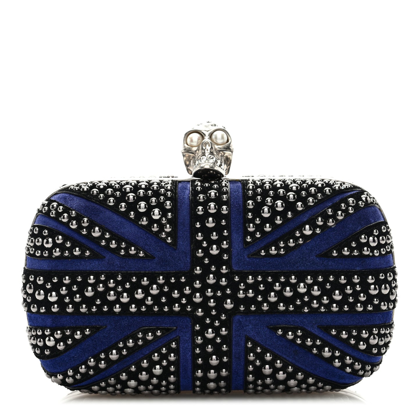 Suede Studded Britannia Skull Box Clutch Blue Black