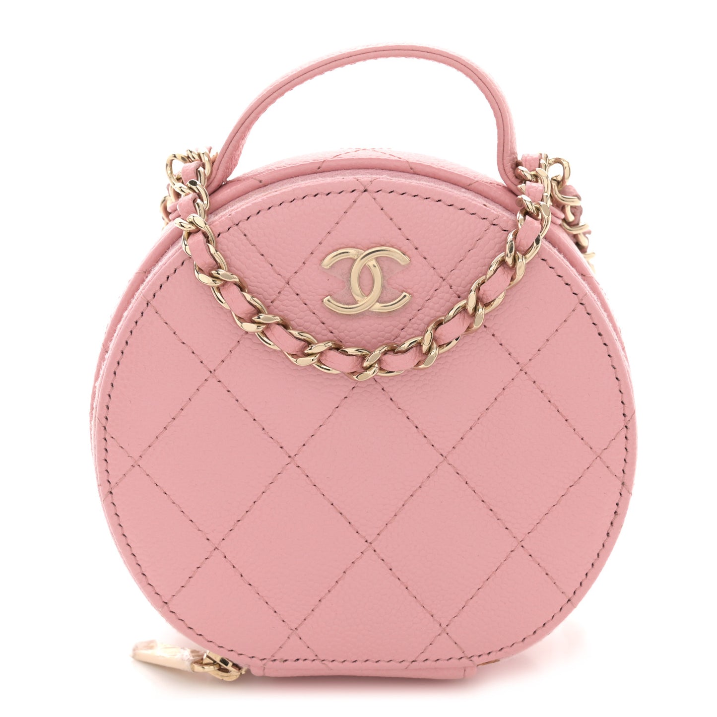Caviar Quilted Round Handle With Care Vanity With Chain Pink