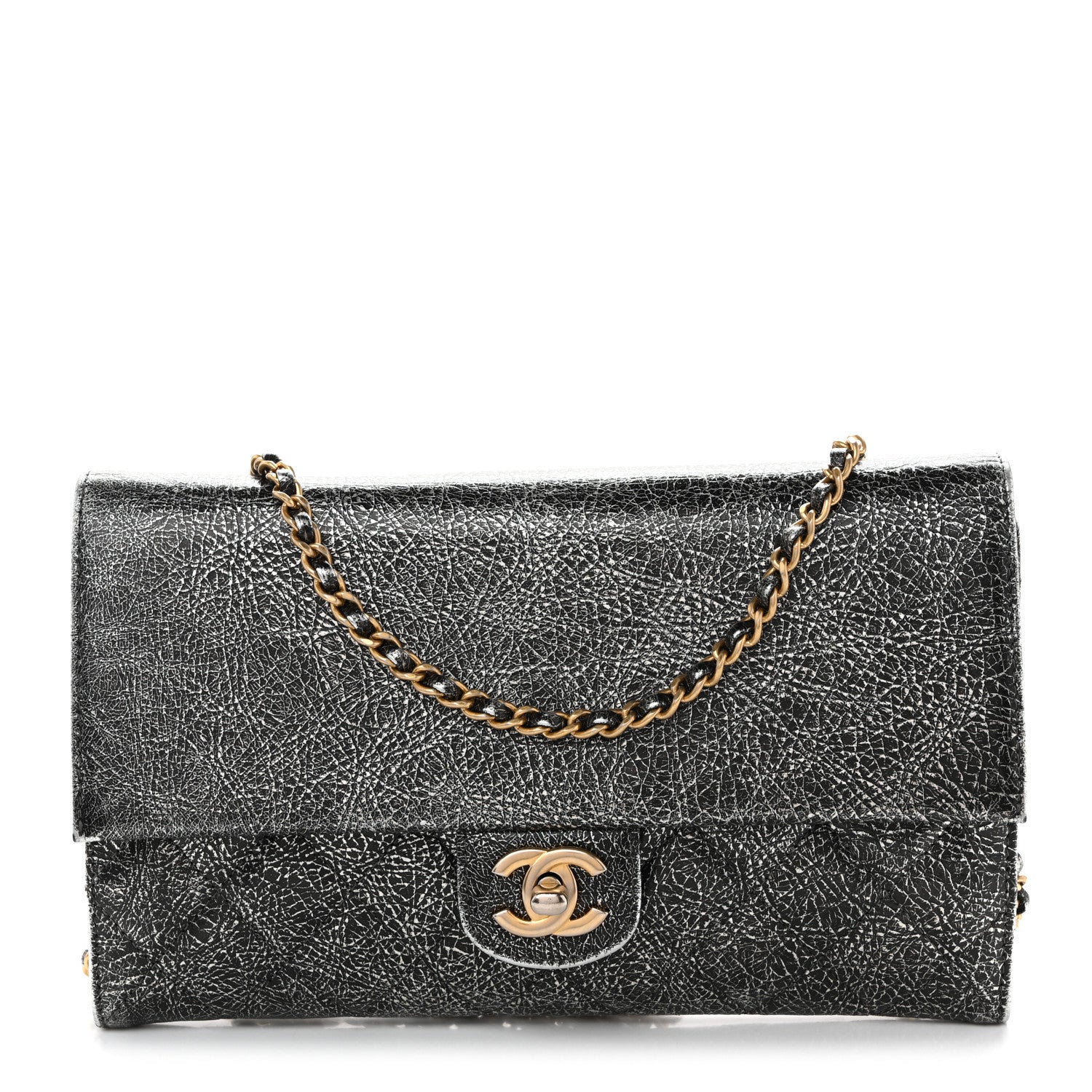 Chanel Cracked Metallic Calfskin Quilted Zip Away Chain Clutch