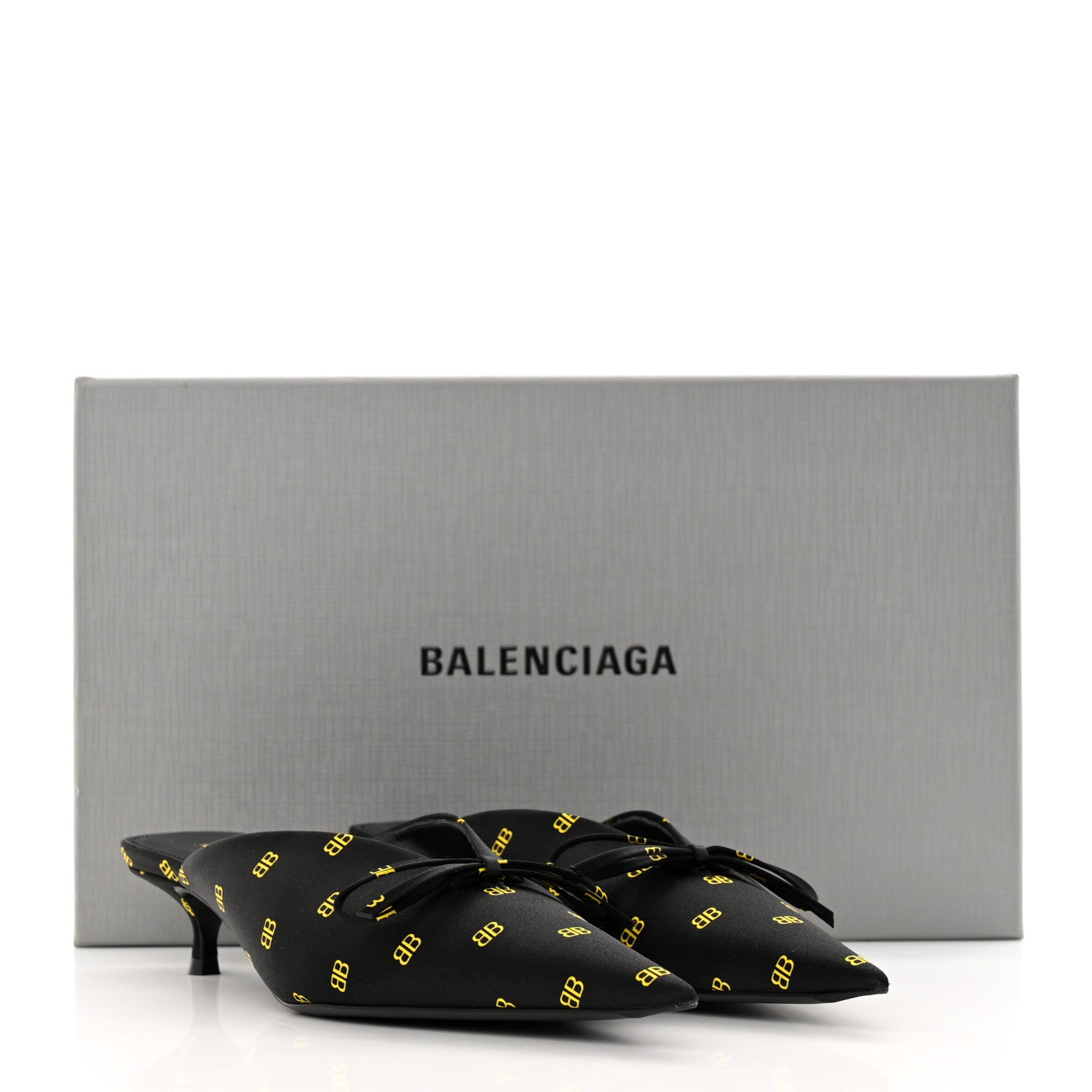 Balenciaga Crepe Satin BB Printed Pointy Toe Knife Flat 40mm Mules 36 Black Yellow Fluo 17 of 17