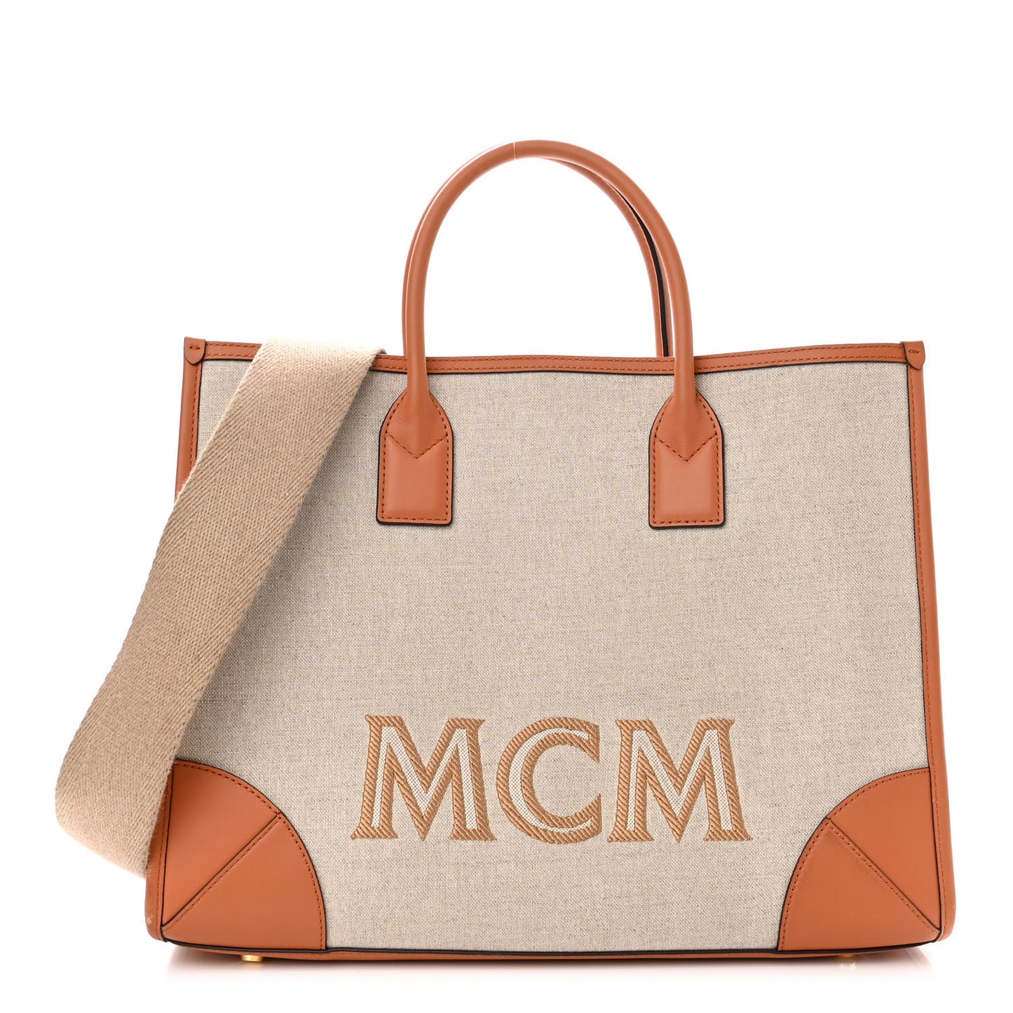 Calfskin Linen Large Munchen Tote Cognac