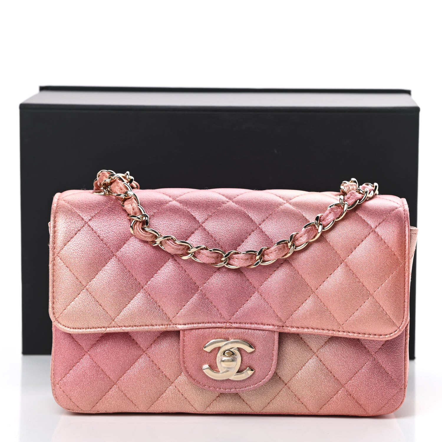 Chanel Metallic Lambskin Quilted Ombre Mini Rectangular Flap Pink 13 of 13