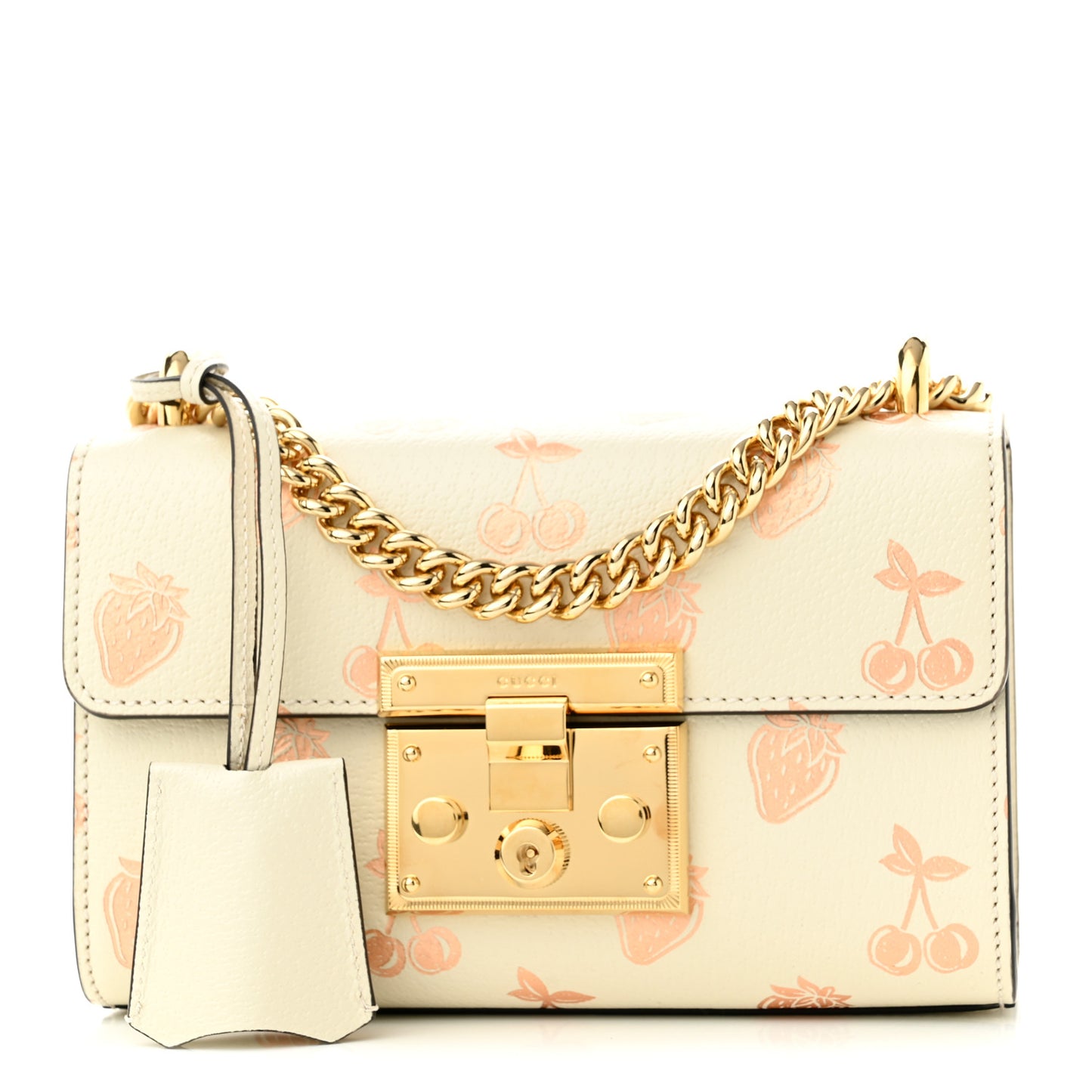 Textured Dollar Calfskin Berry Print Small Padlock Shoulder Bag Mystic White Light Copper