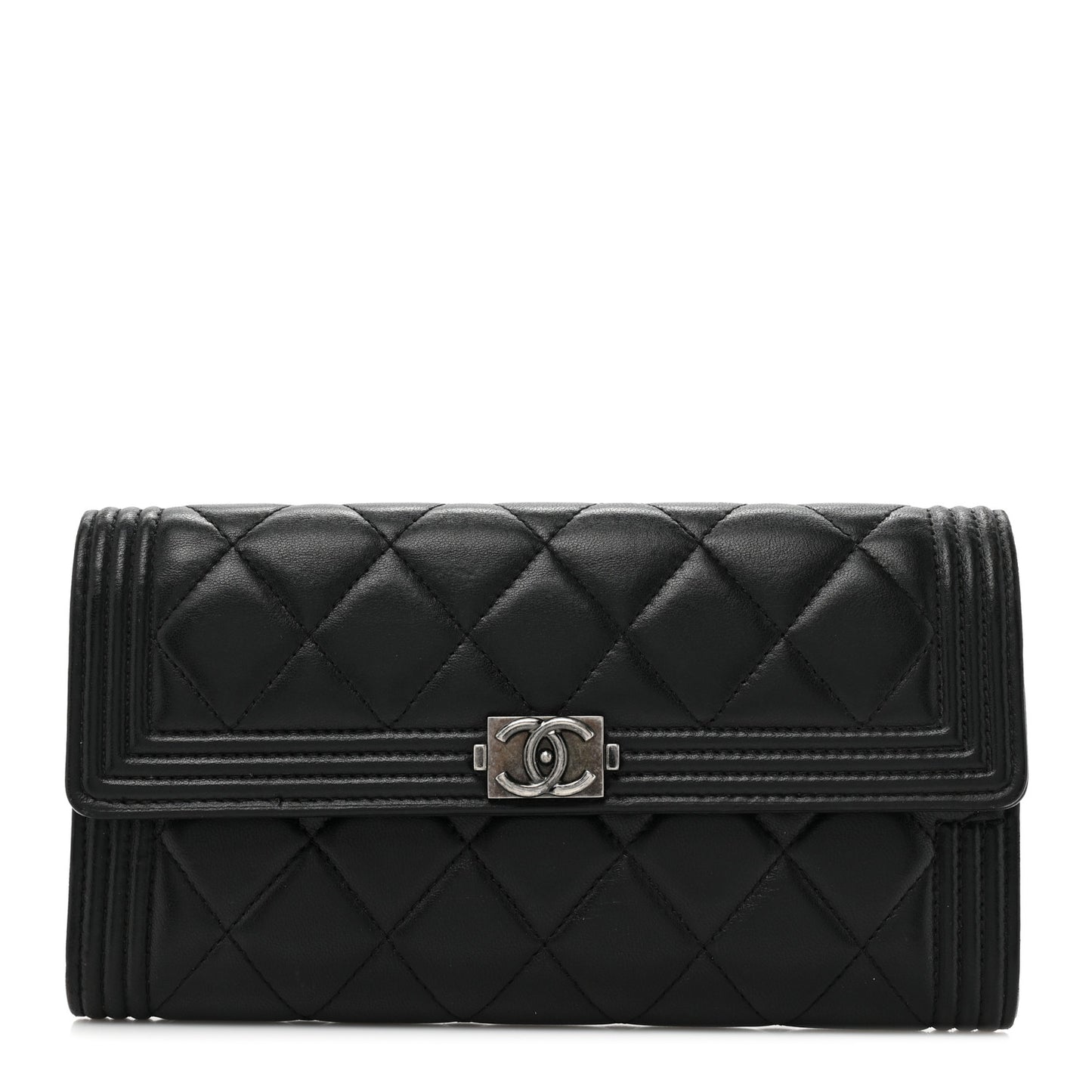 Lambskin Quilted Large Boy Gusset Flap Wallet Black