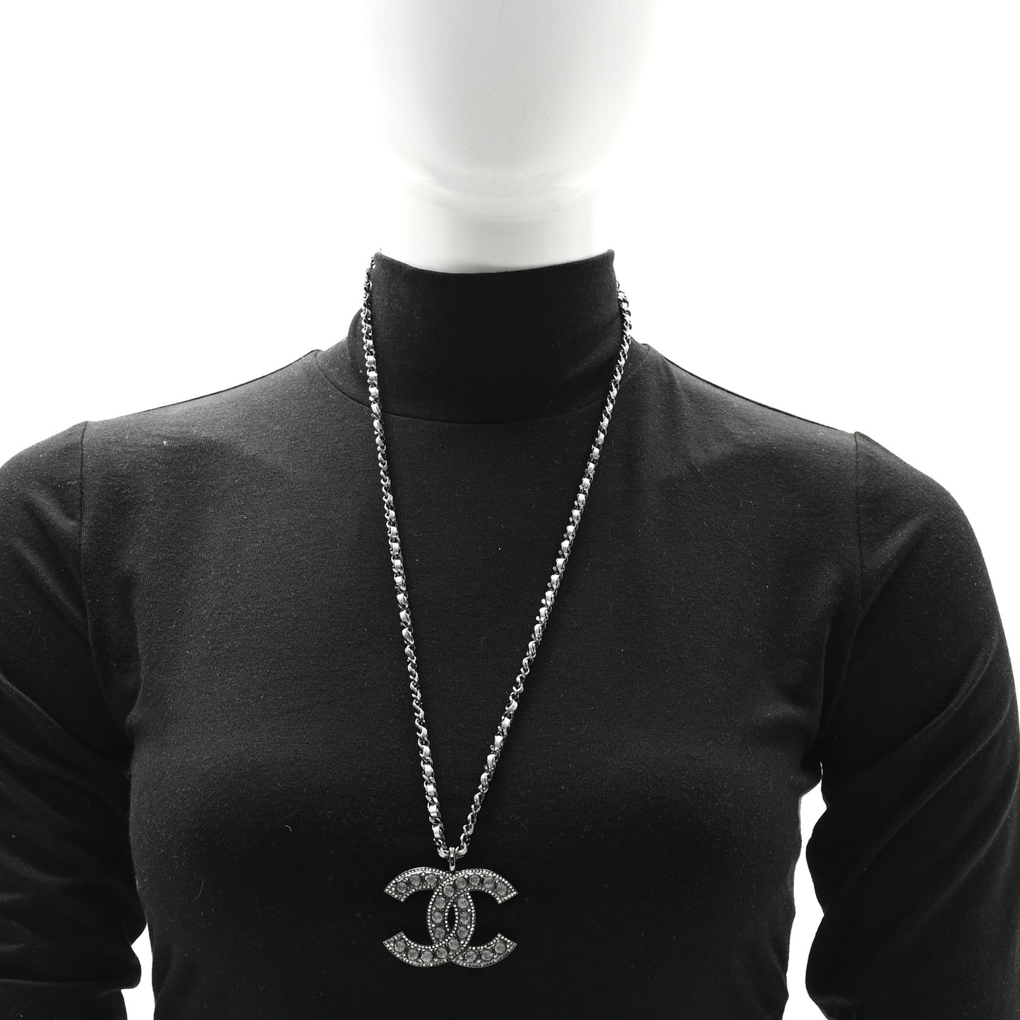 Ruthenium Crystal Lambskin CC Pendant Necklace Silver