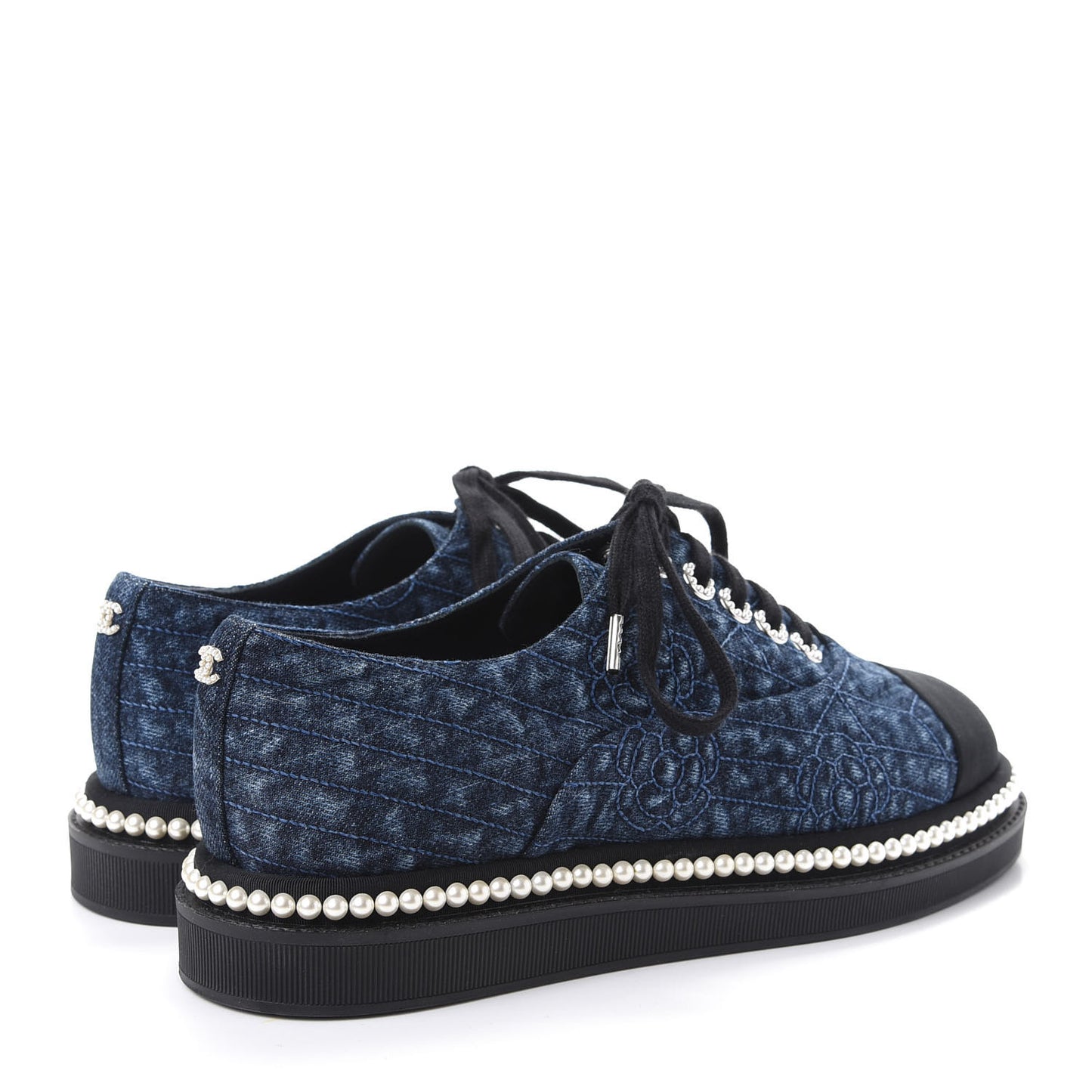 Denim Grosgrain Camellia Pearl Lace Up Sneakers 38.5 Blue Black