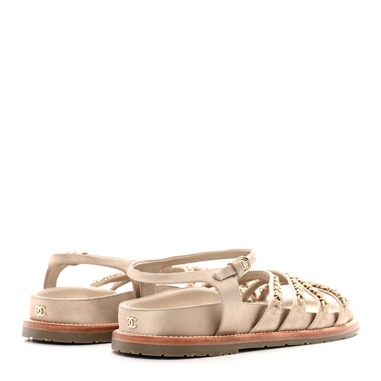 Satin Lambskin Chain Flat Sandals 41 Light Gold