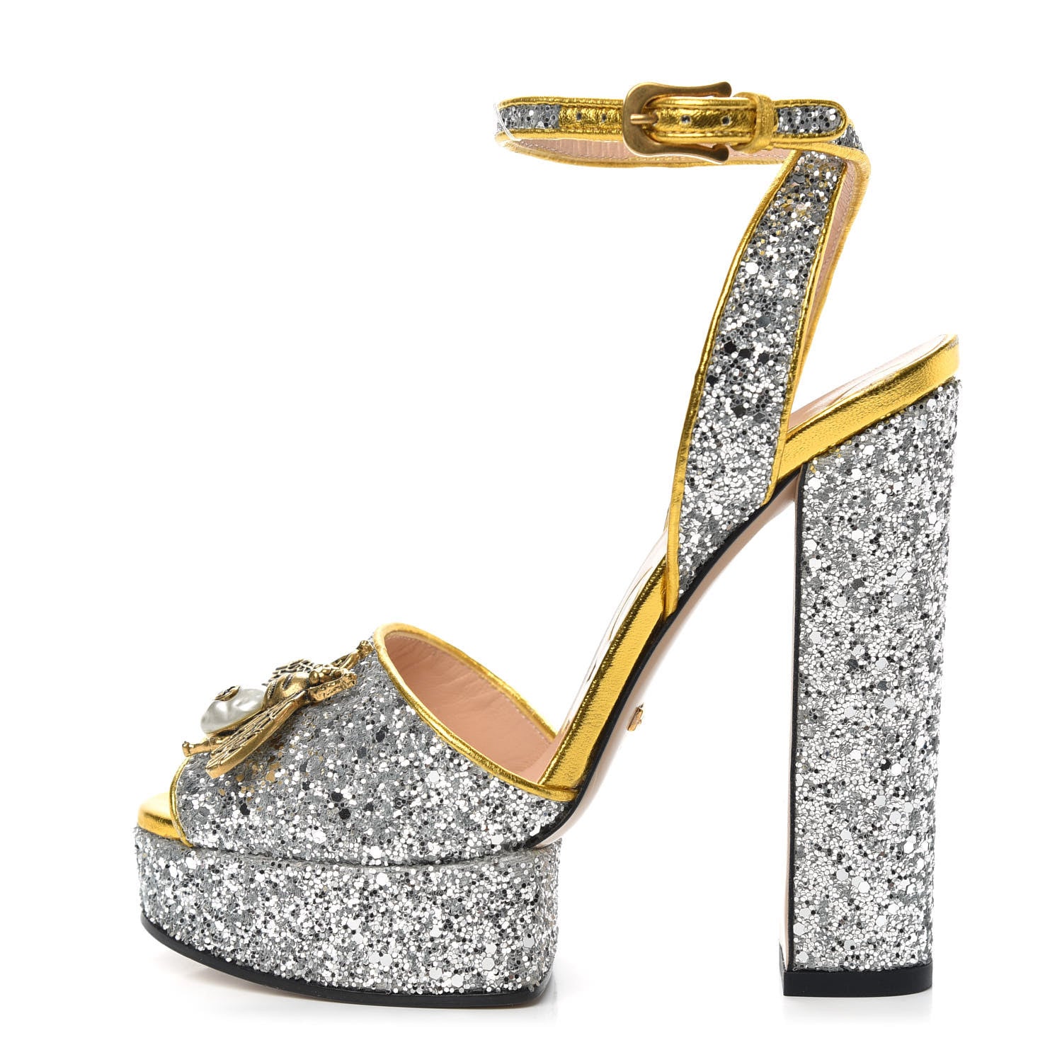 Gucci Glitter Soko Bee Platform High Heel Sandals 35 Argento Oro