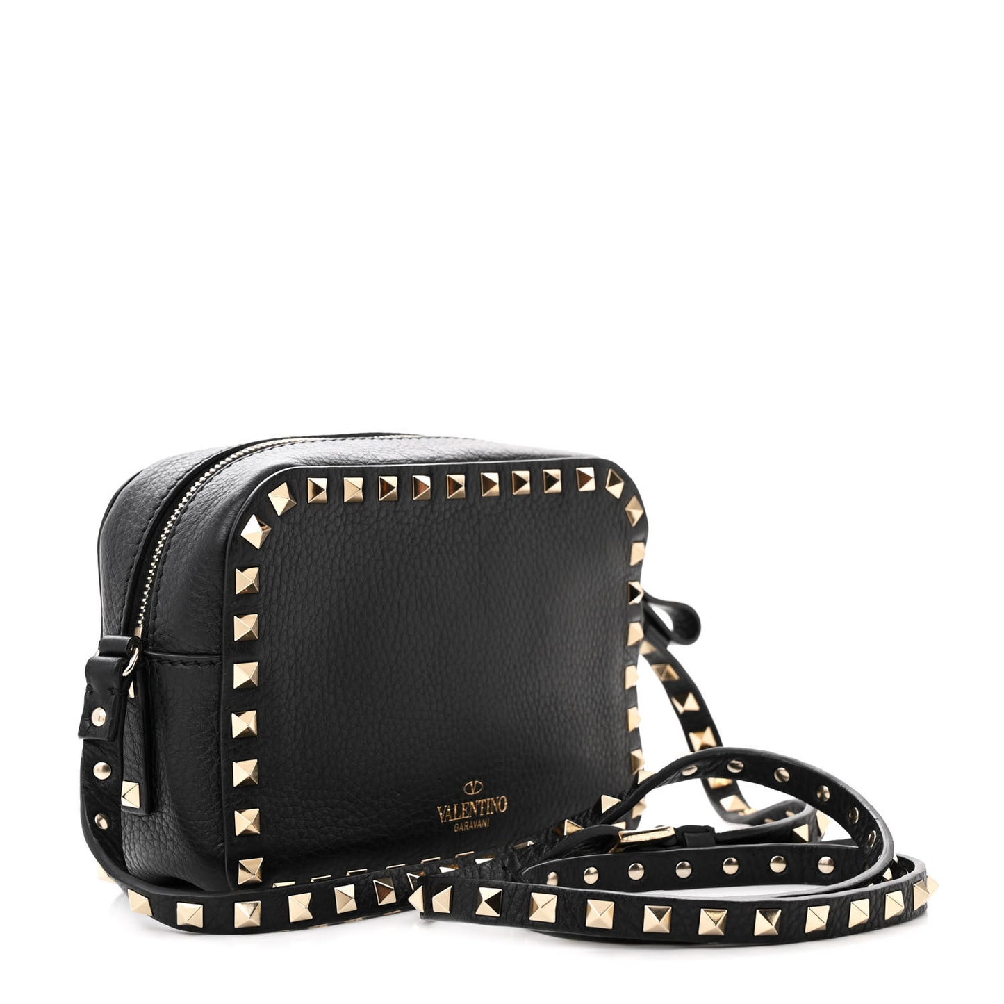 Pebbled Calfskin Rockstud Camera Crossbody Bag Black