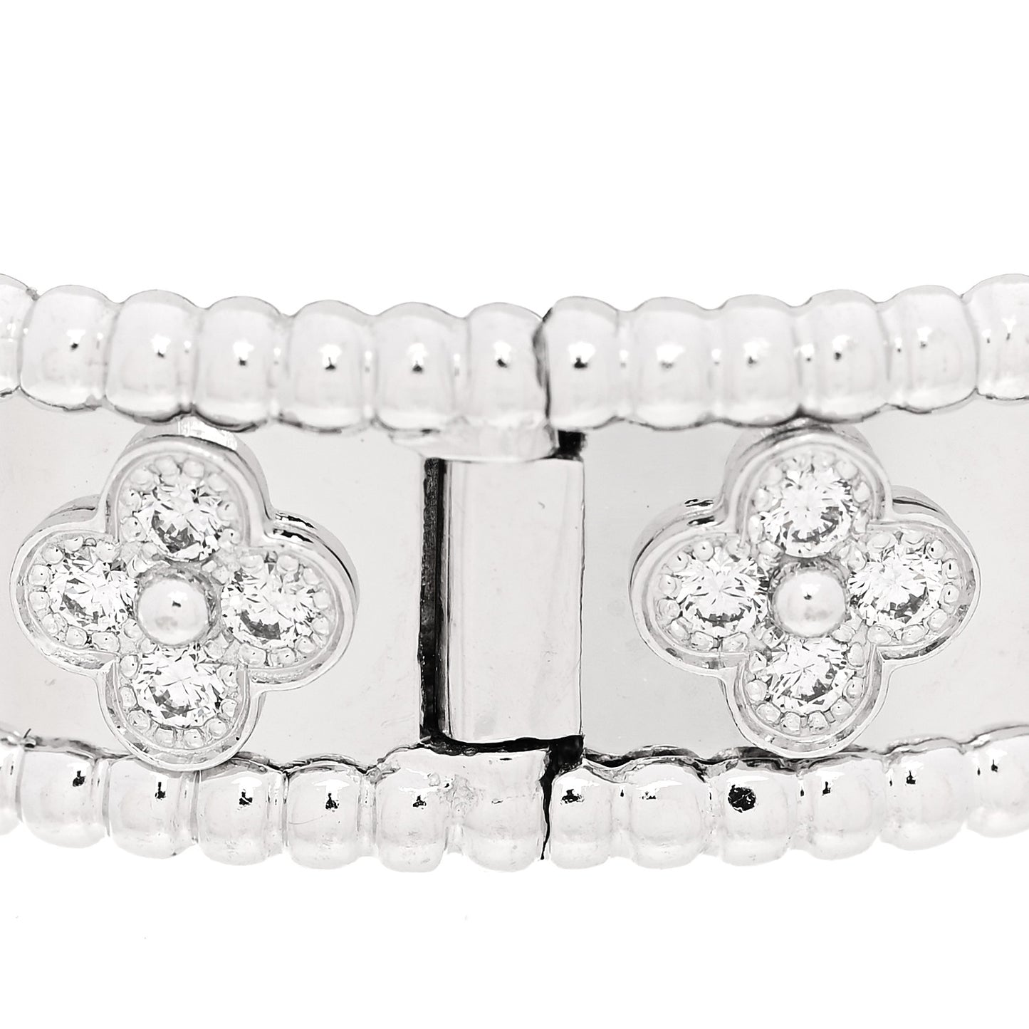 18K White Gold Diamond Perlee Clovers Bangle Bracelet XS
