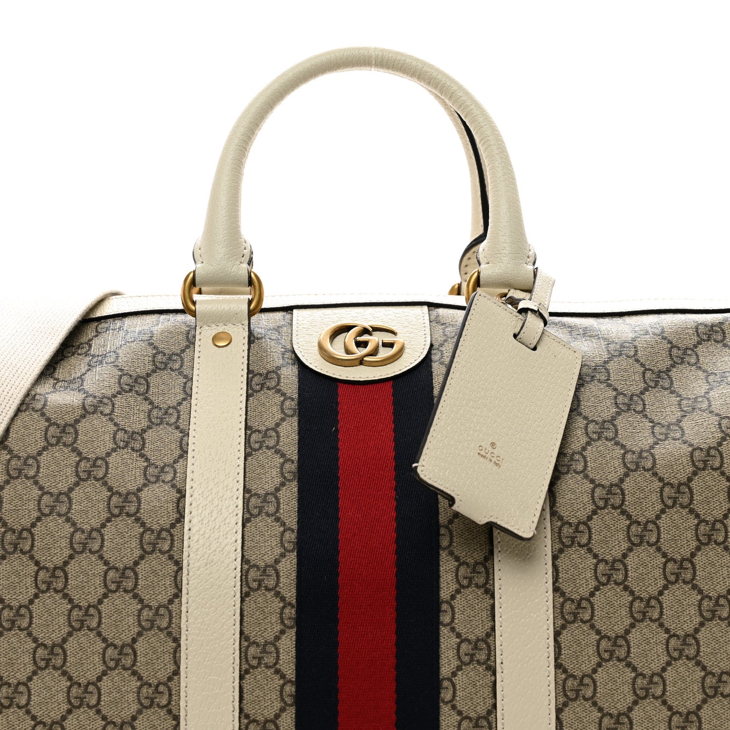GG Supreme Monogram Textured Dollar Calfskin Web Medium Ophidia Duffle Bag Beige Ebony Mystic White