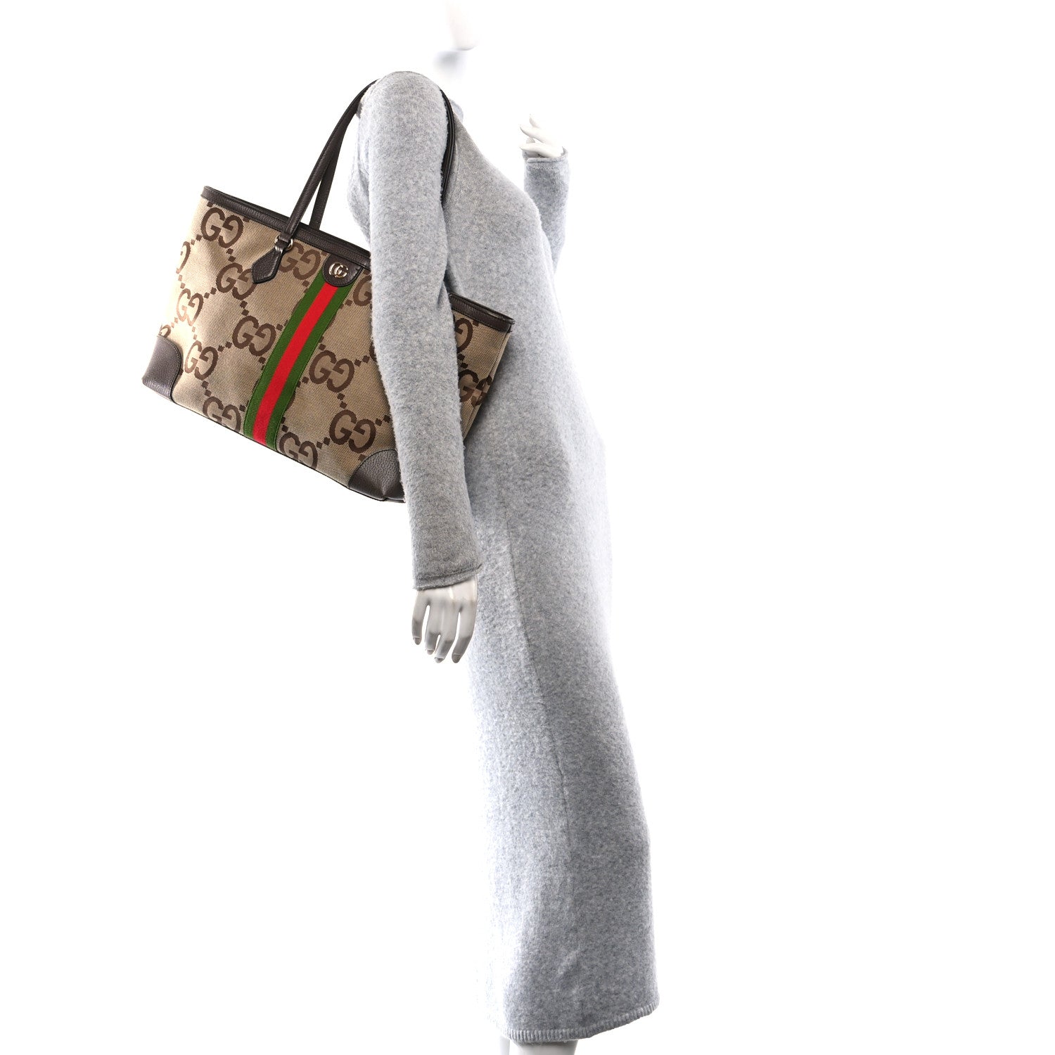 Gucci Monogram Jumbo GG Textured Dollar Calfskin Web Medium Ophidia Shopping Tote Camel Ebony 2 of 10