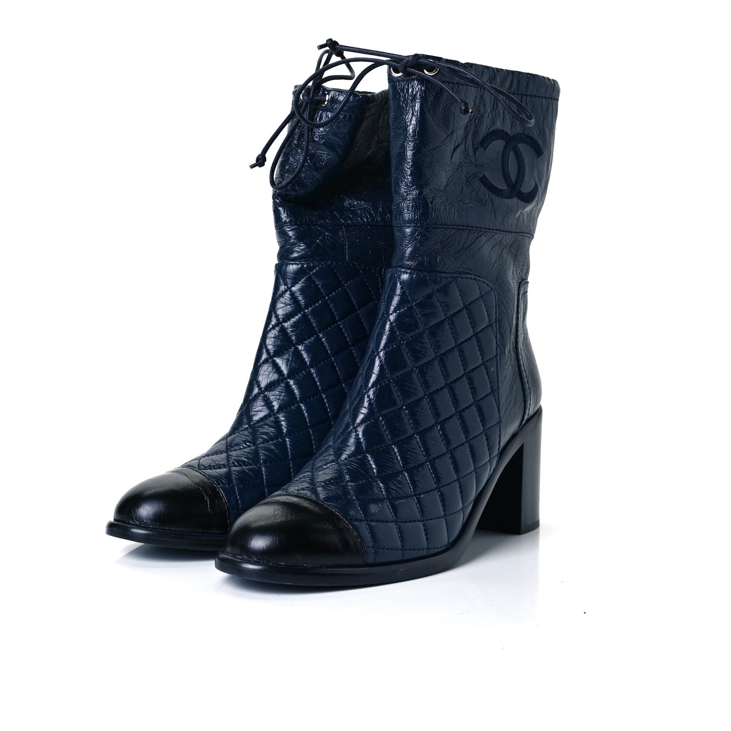 Crumpled Calfskin Quilted Cap Toe Short Boots 39.5 Blue Black