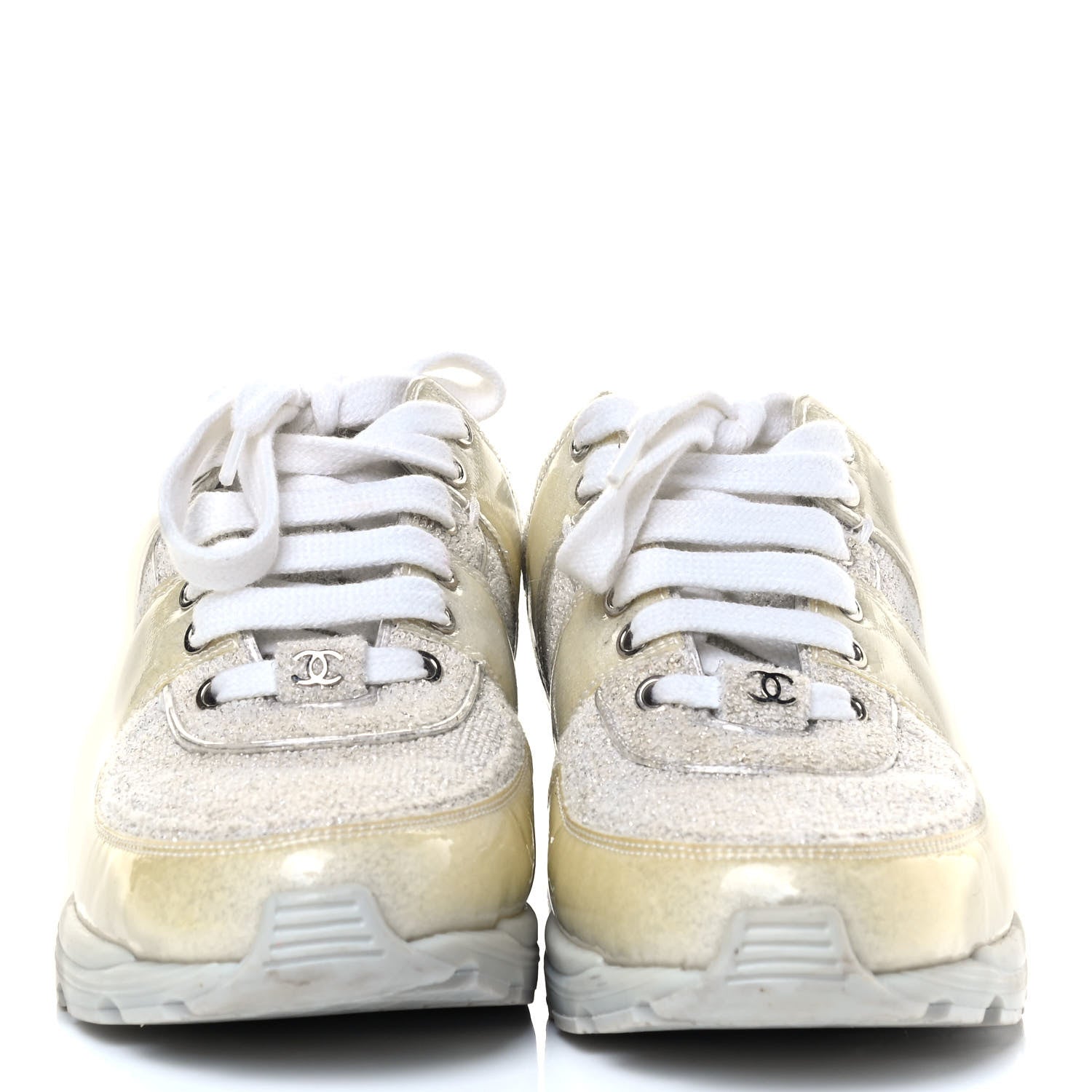 Chanel Iridescent Terry Cloth PVC Calfskin Sneakers 37.5 Silver 2 of 8