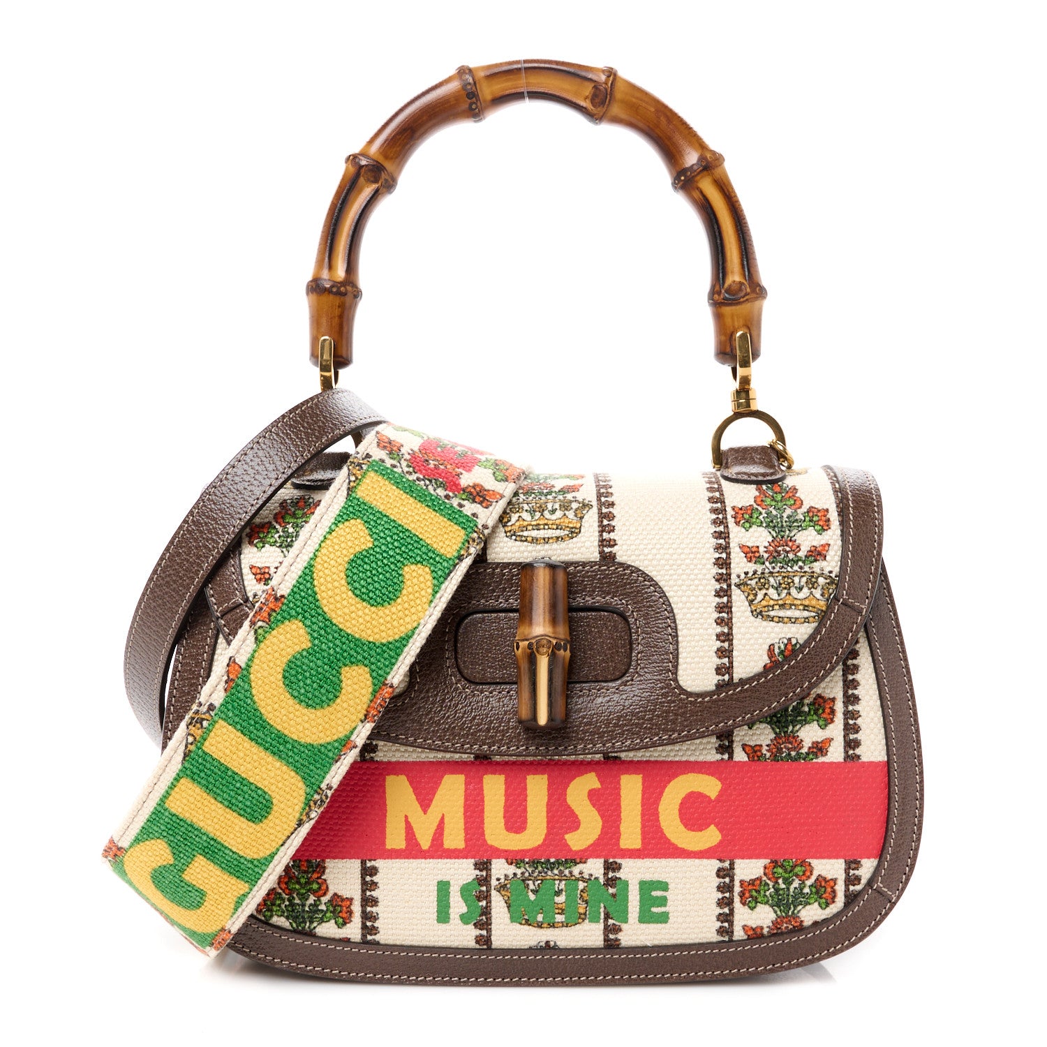 Gucci Canvas Calfskin 100 Centennial Music Medium Bamboo 1947 Top Handle Bag Multicolor 1 of 12