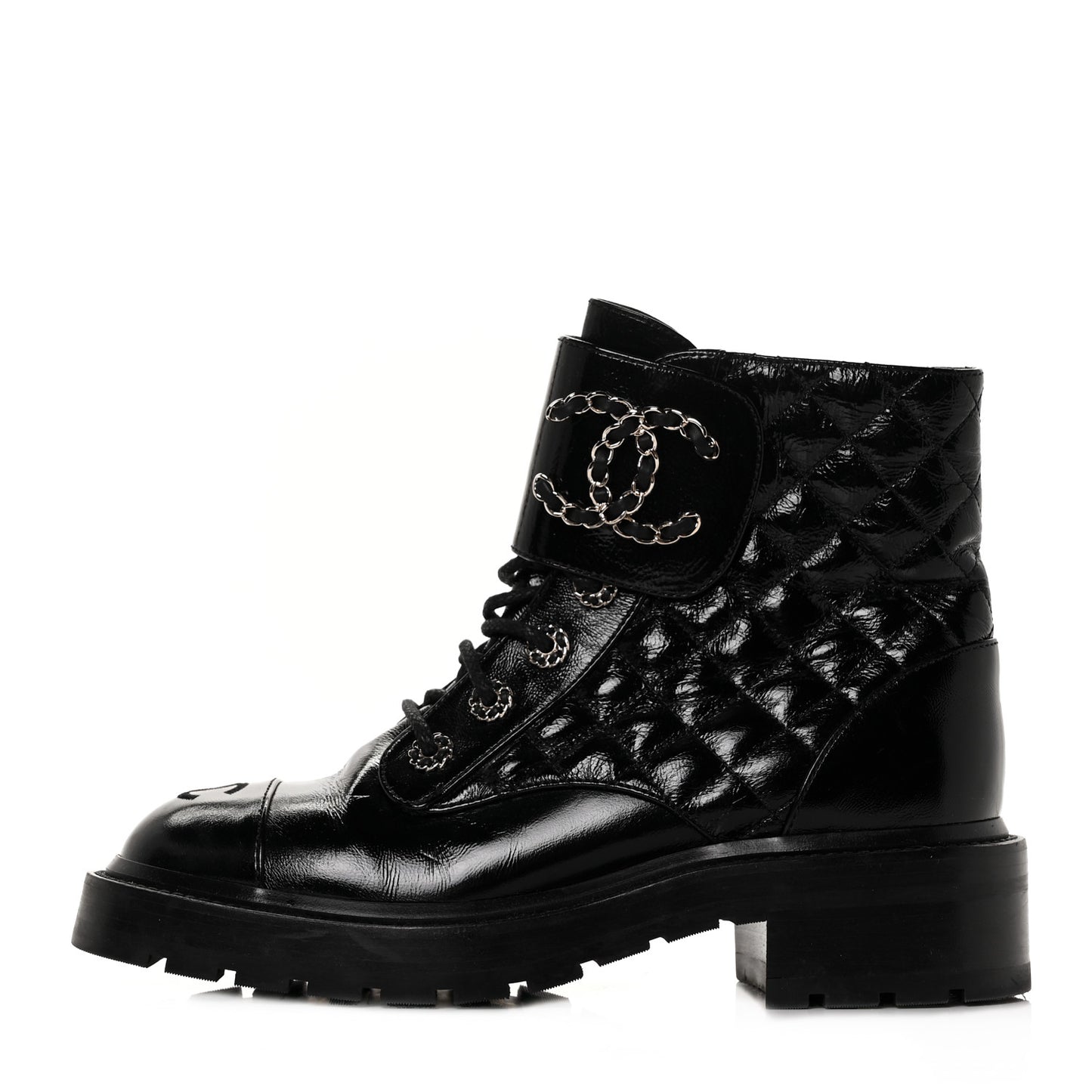 Shiny Calfskin Quilted Lace Up Combat Boots 38 Black