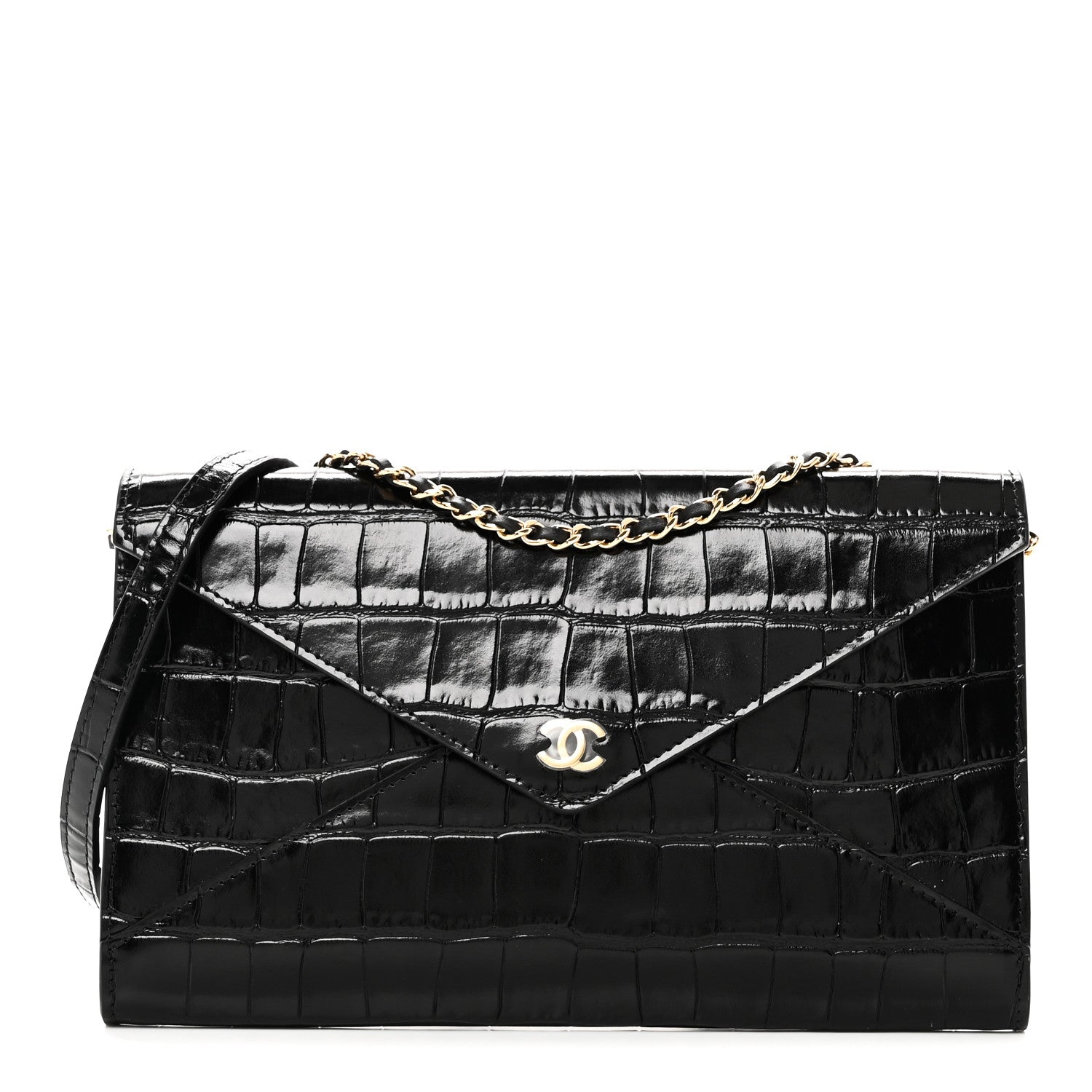 CHANEL バック Chanel Calfskin Crocodile Embossed Envelope Clutch With Strap
