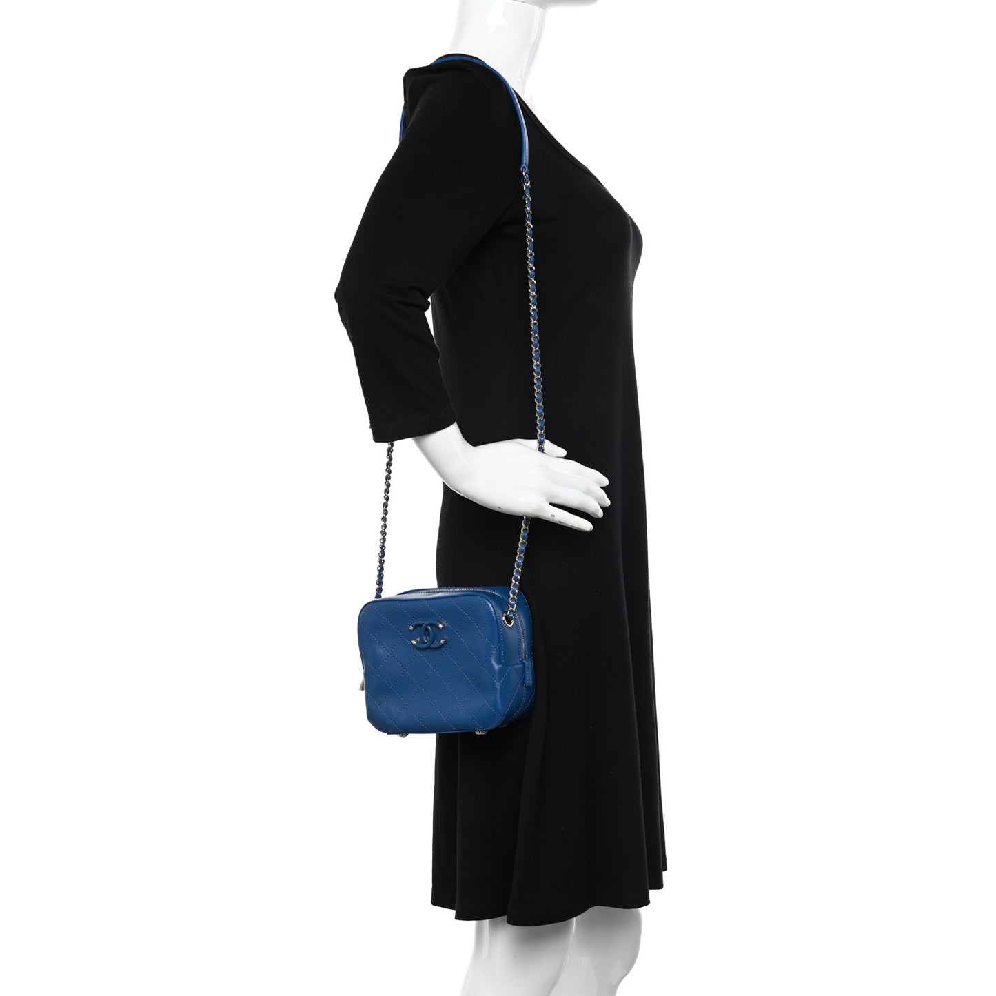 Calfskin Stitched Enamel CC Camera Case Bag Blue