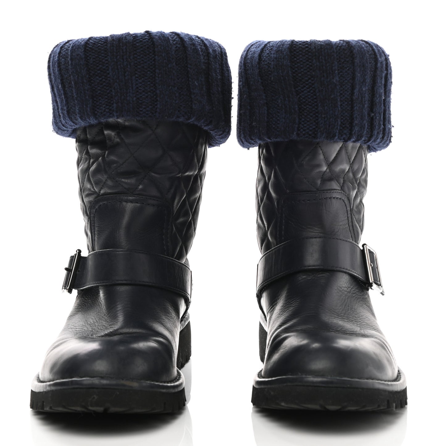 Knit Calfskin Quilted Short Biker Boots 40 Navy