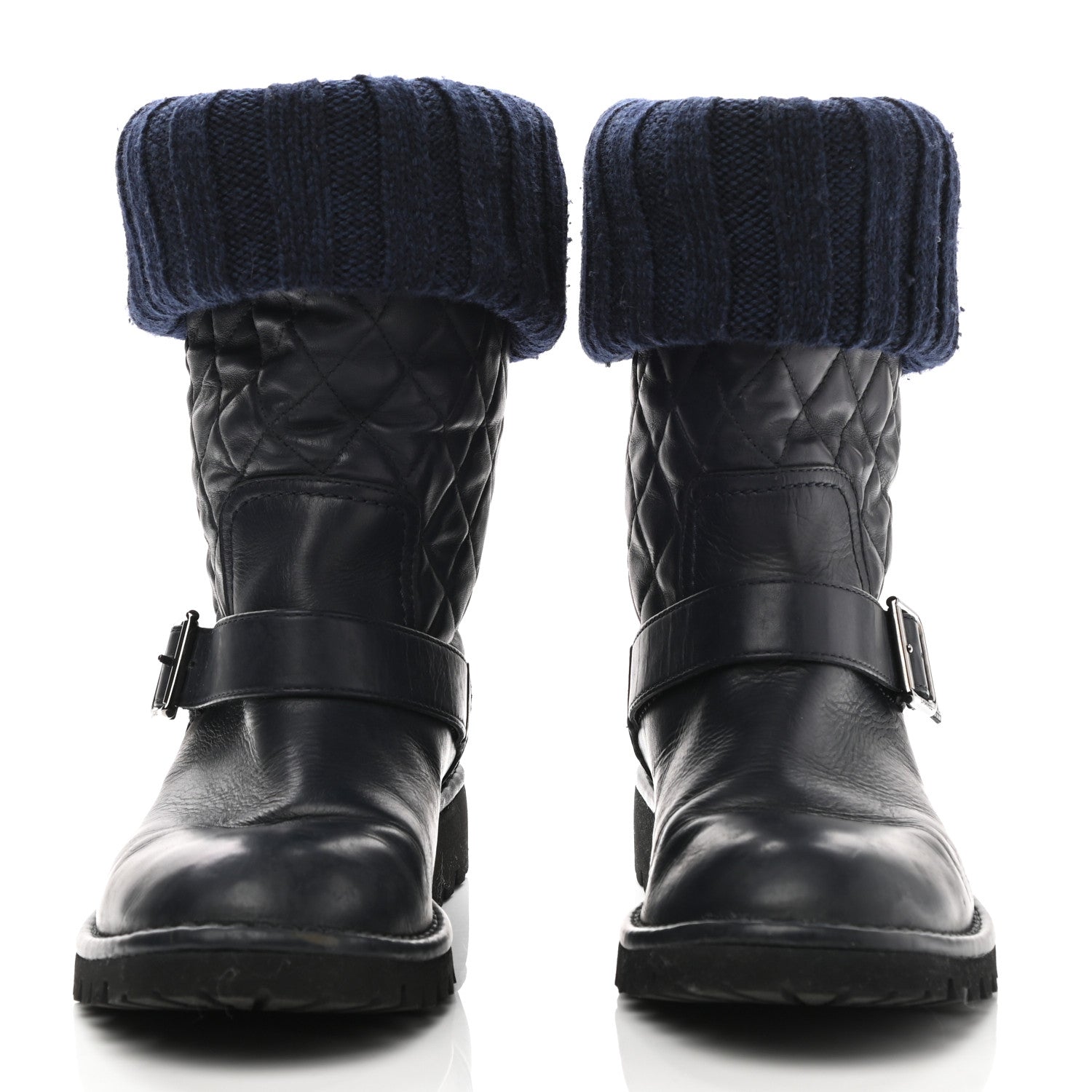 Chanel Knit Calfskin Quilted Short Biker Boots 40 Navy 2 of 8