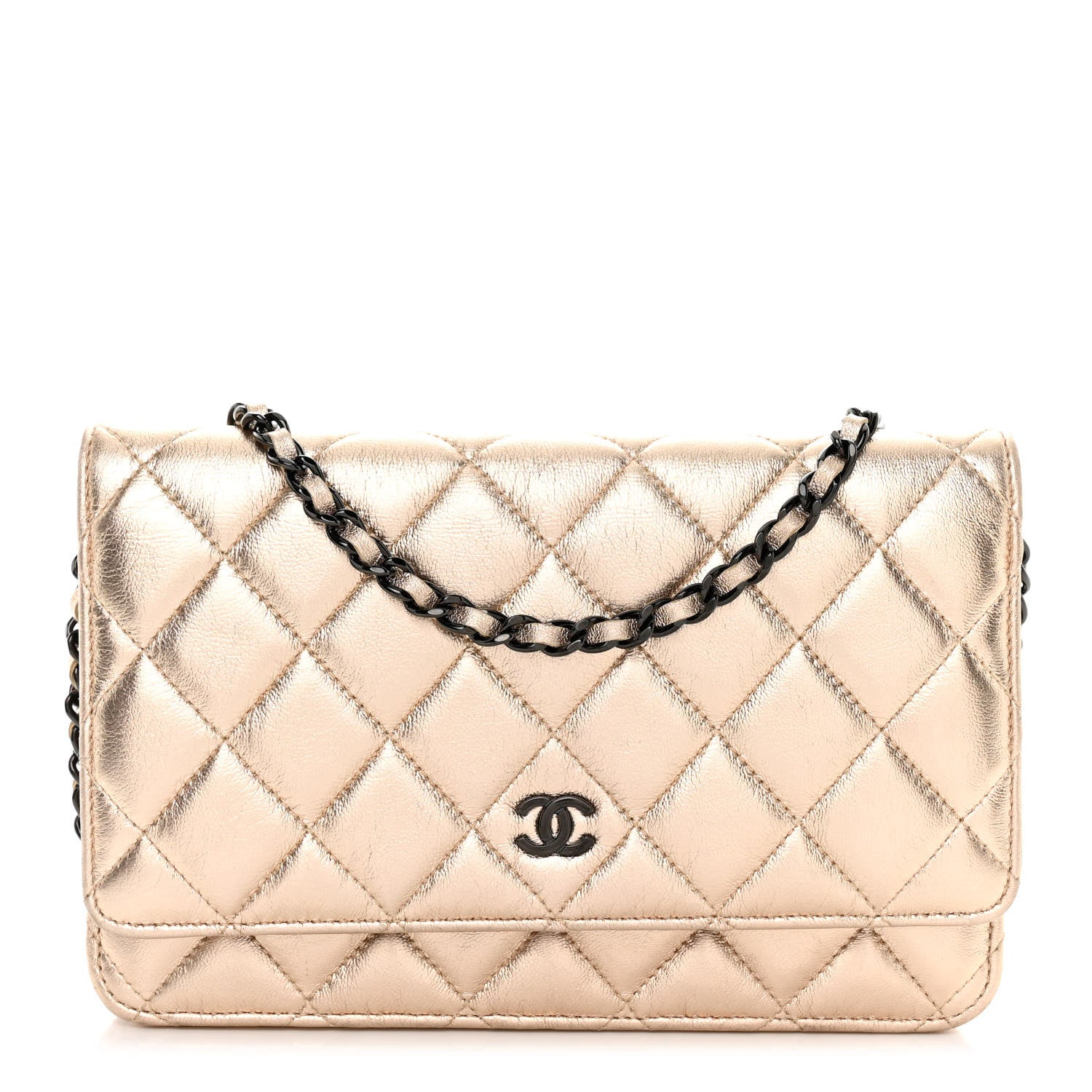 Chanel Metallic Lambskin Quilted Wallet On Chain WOC Gold Black 1 of 12