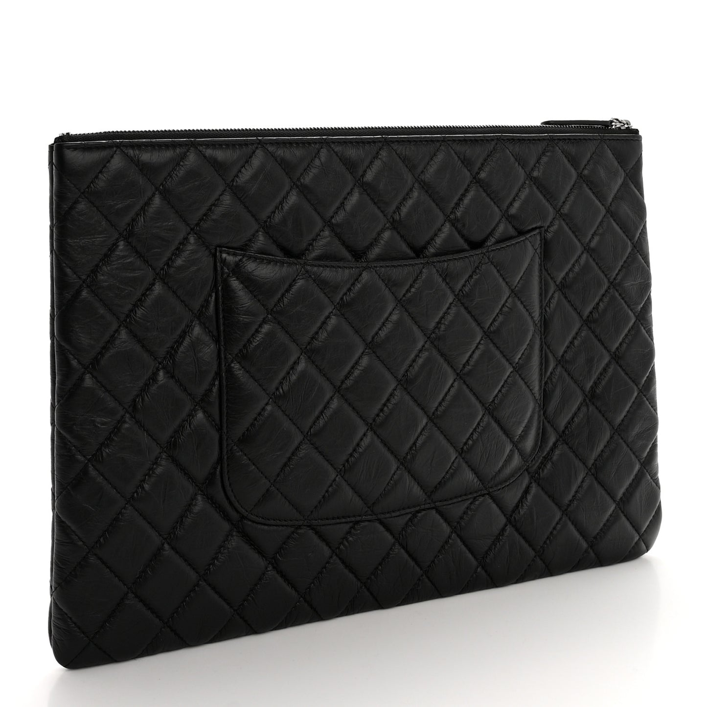 Aged Calfskin Quilted Large Tassel Cosmetic Case Black