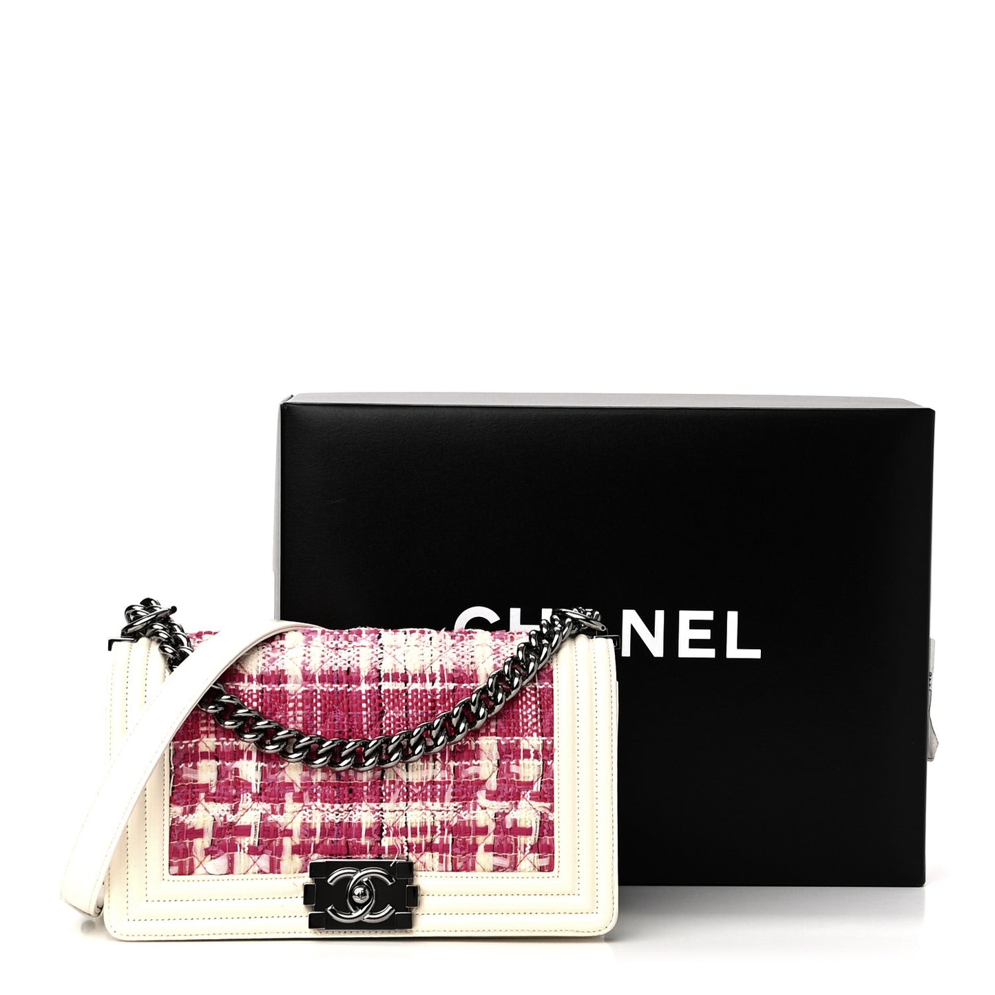 Patent Tweed Medium Boy Flap White