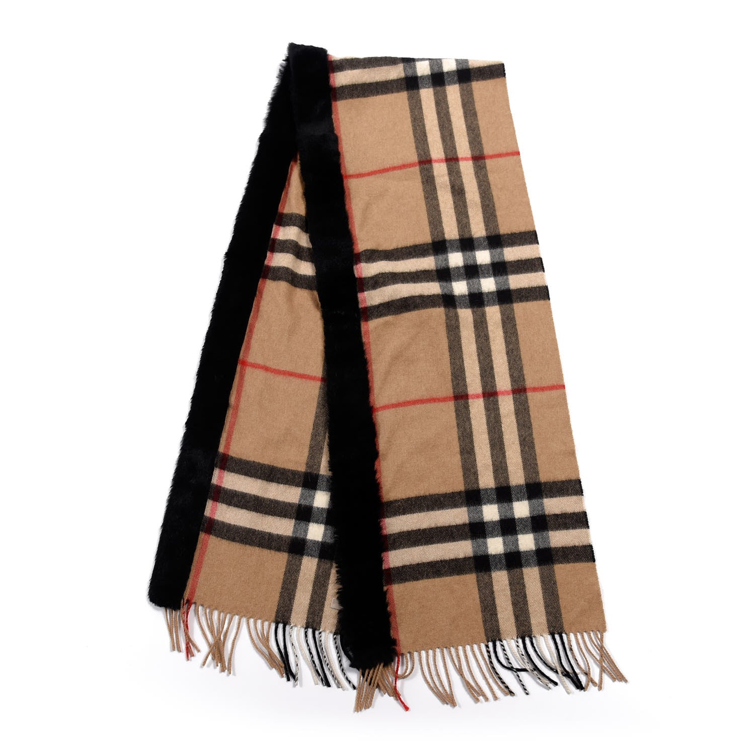 Burberry Cashmere Fox Fur Half Mega Check Scarf Camel Black 2 of 3