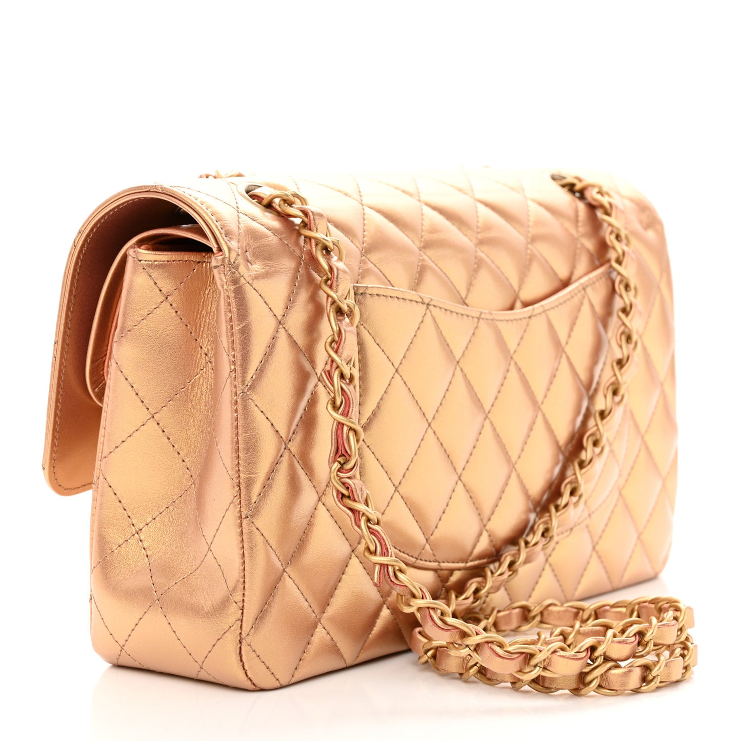 Metallic Lambskin Quilted Medium Double Flap Golden