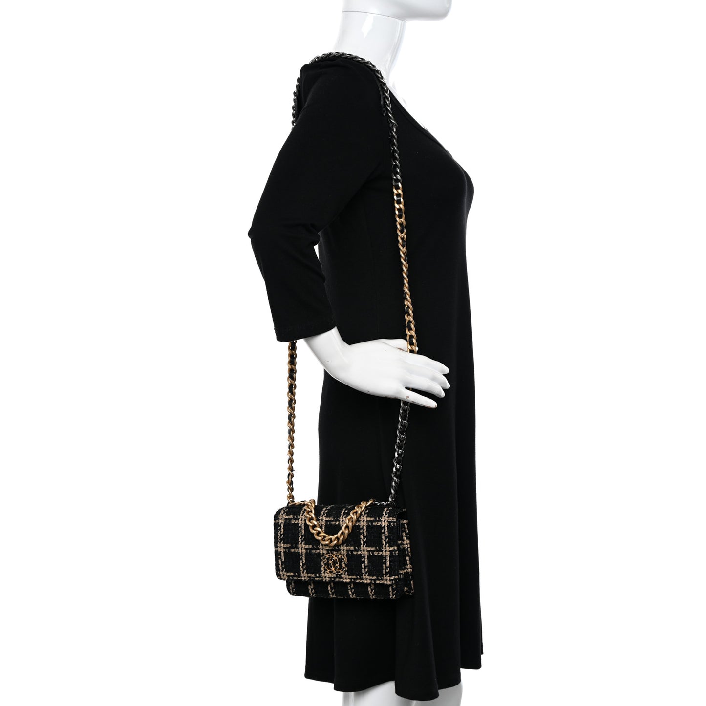 Tweed Quilted Chanel 19 Wallet On Chain WOC Black Beige