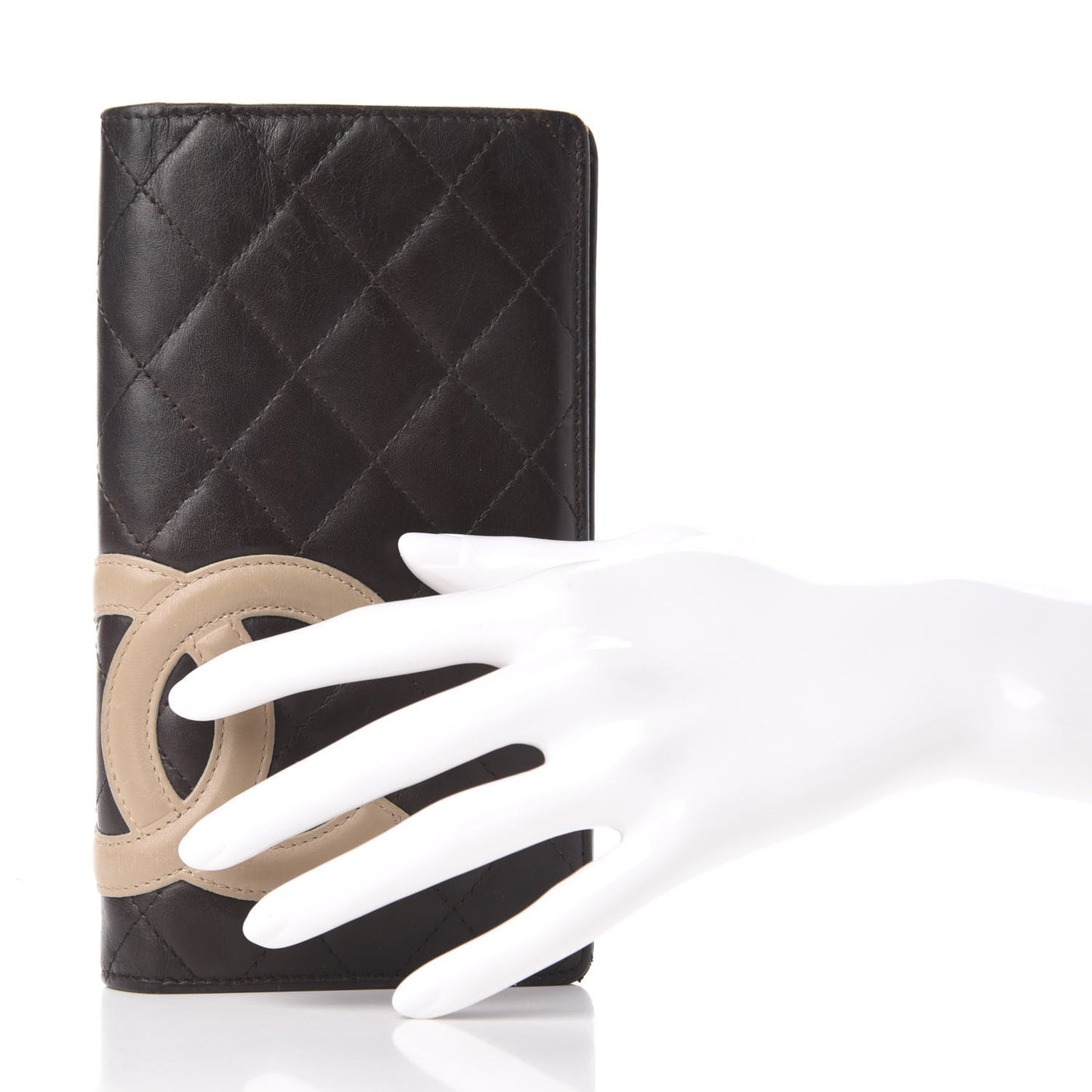 Calfskin Quilted Cambon Yen Wallet Brown Beige