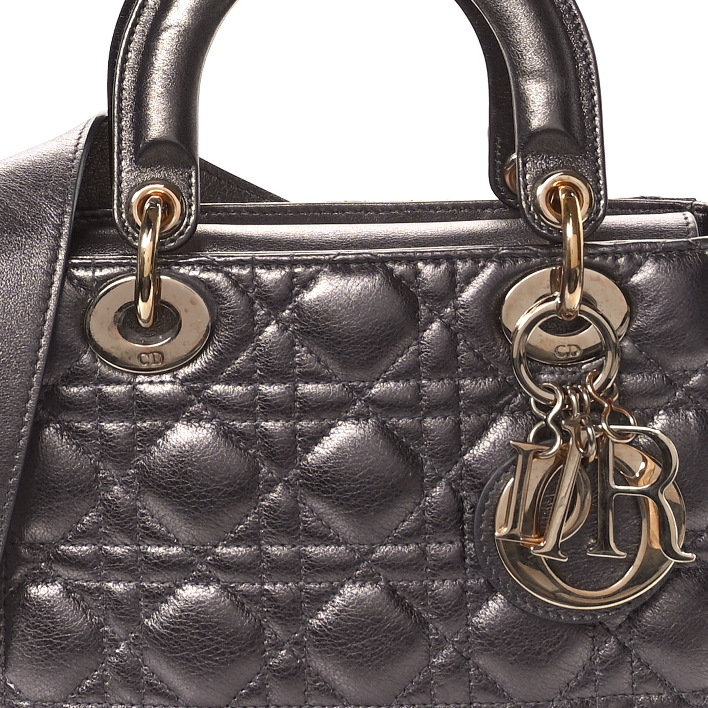 Metallic Grained Calfskin Cannage Small Lady Dior Gunmetal